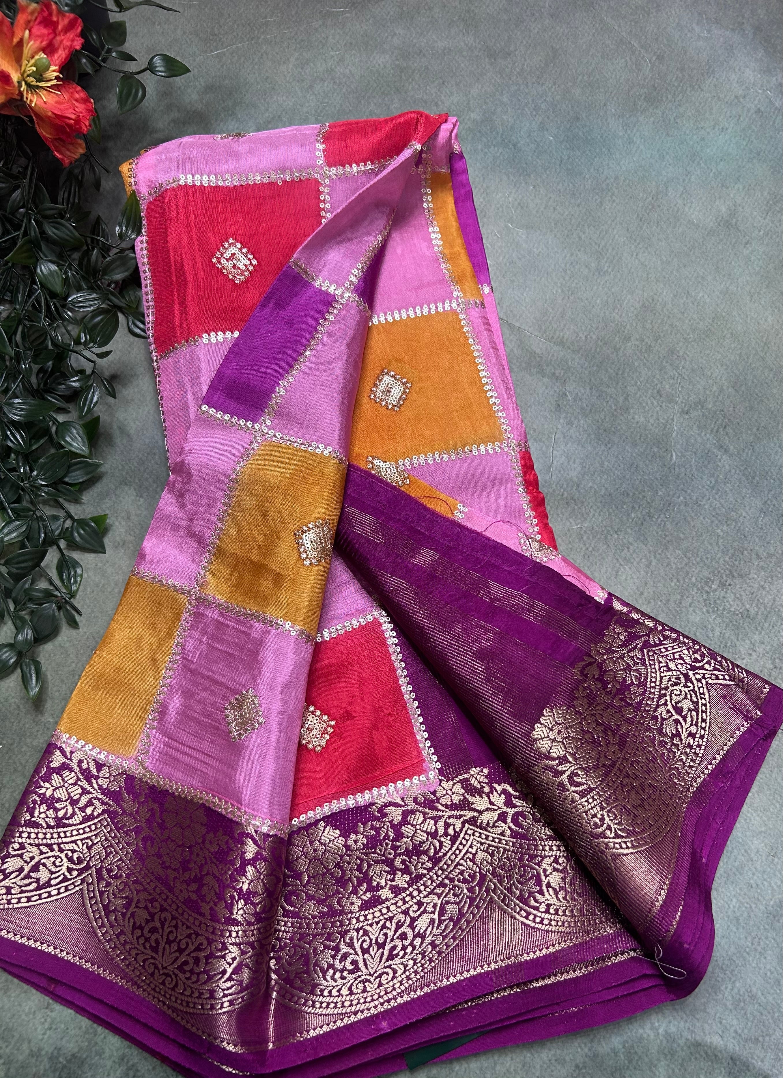 Multicolour checks n small border dola crepe 106 saree