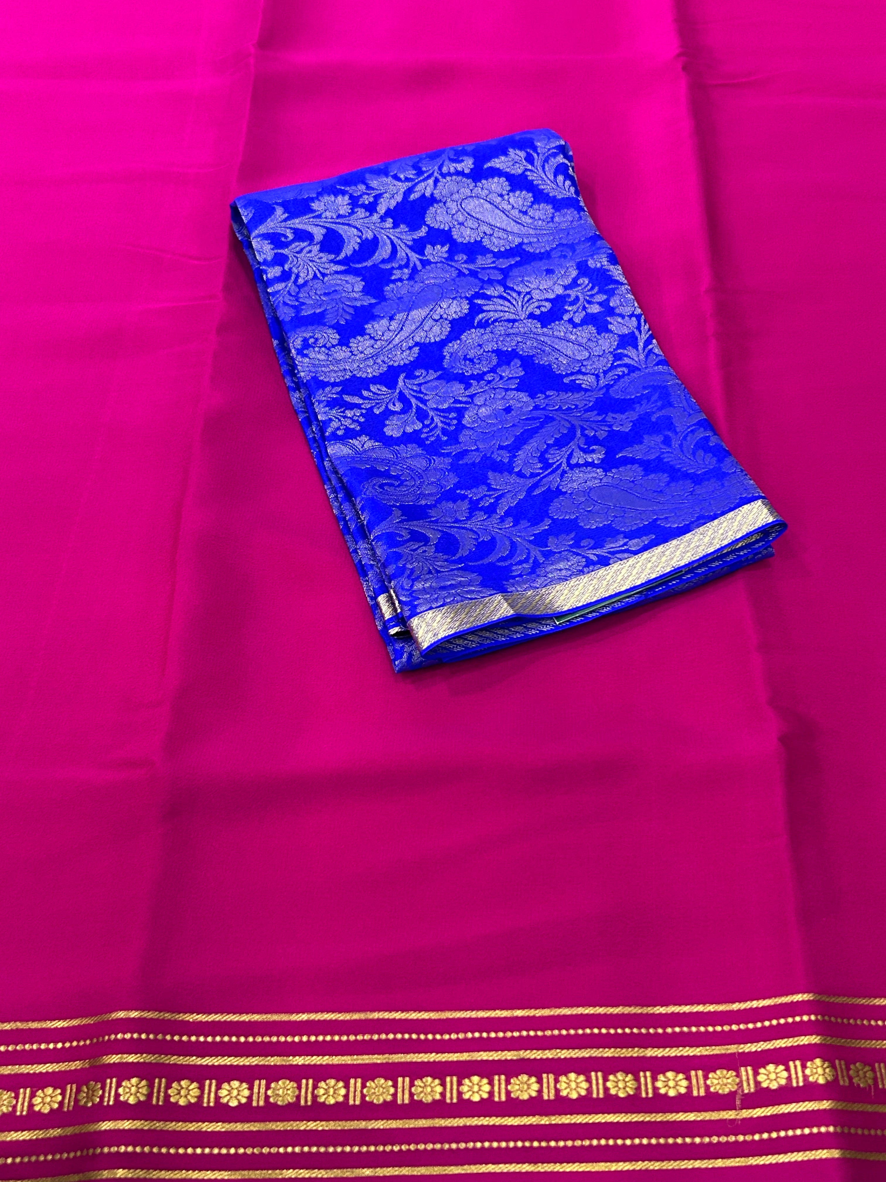 Rani pink plain pure mysore crepe silk saree with Mysore brocade blouse piece(MSM106)