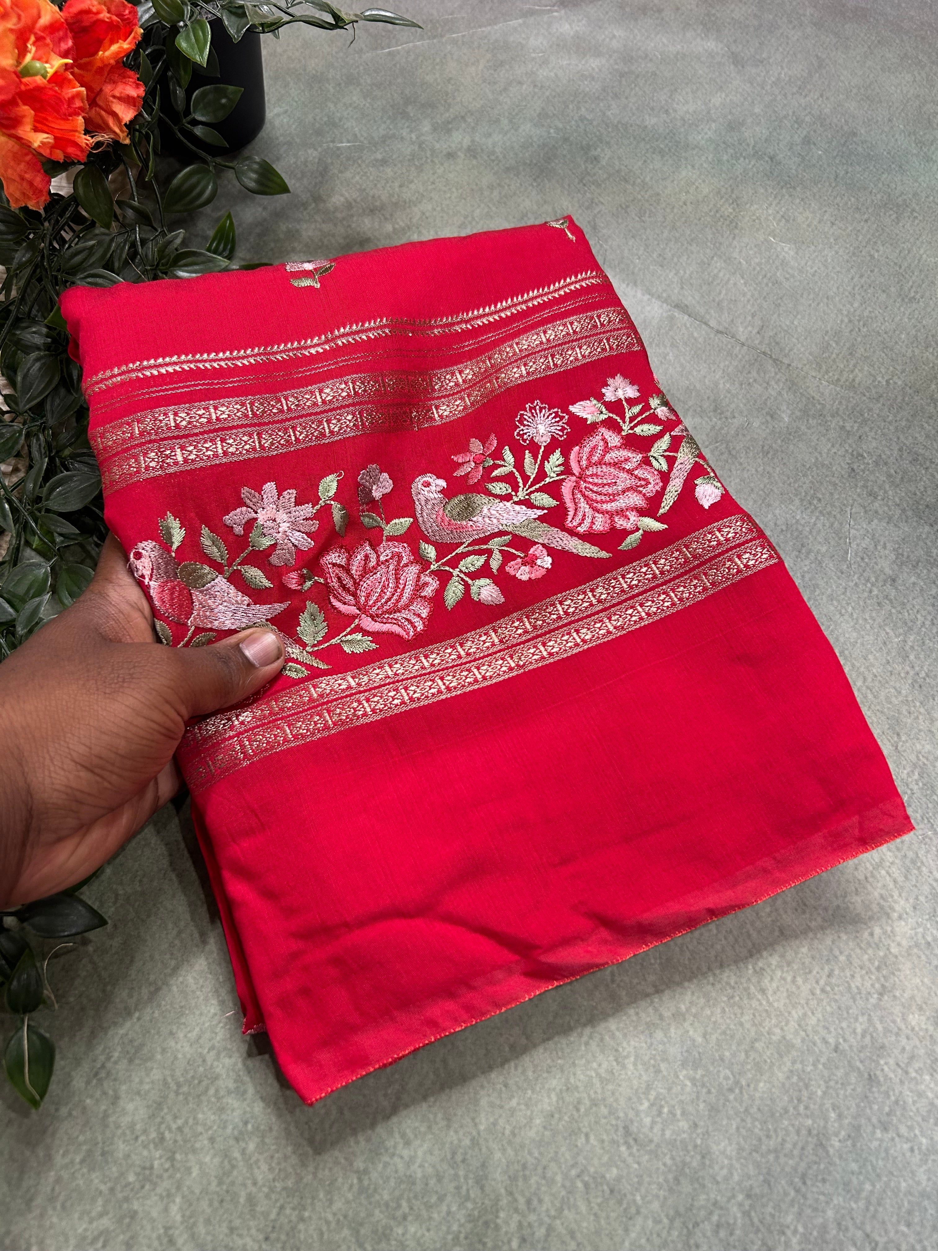 Red embrodiery soft tussar crepe 104 saree