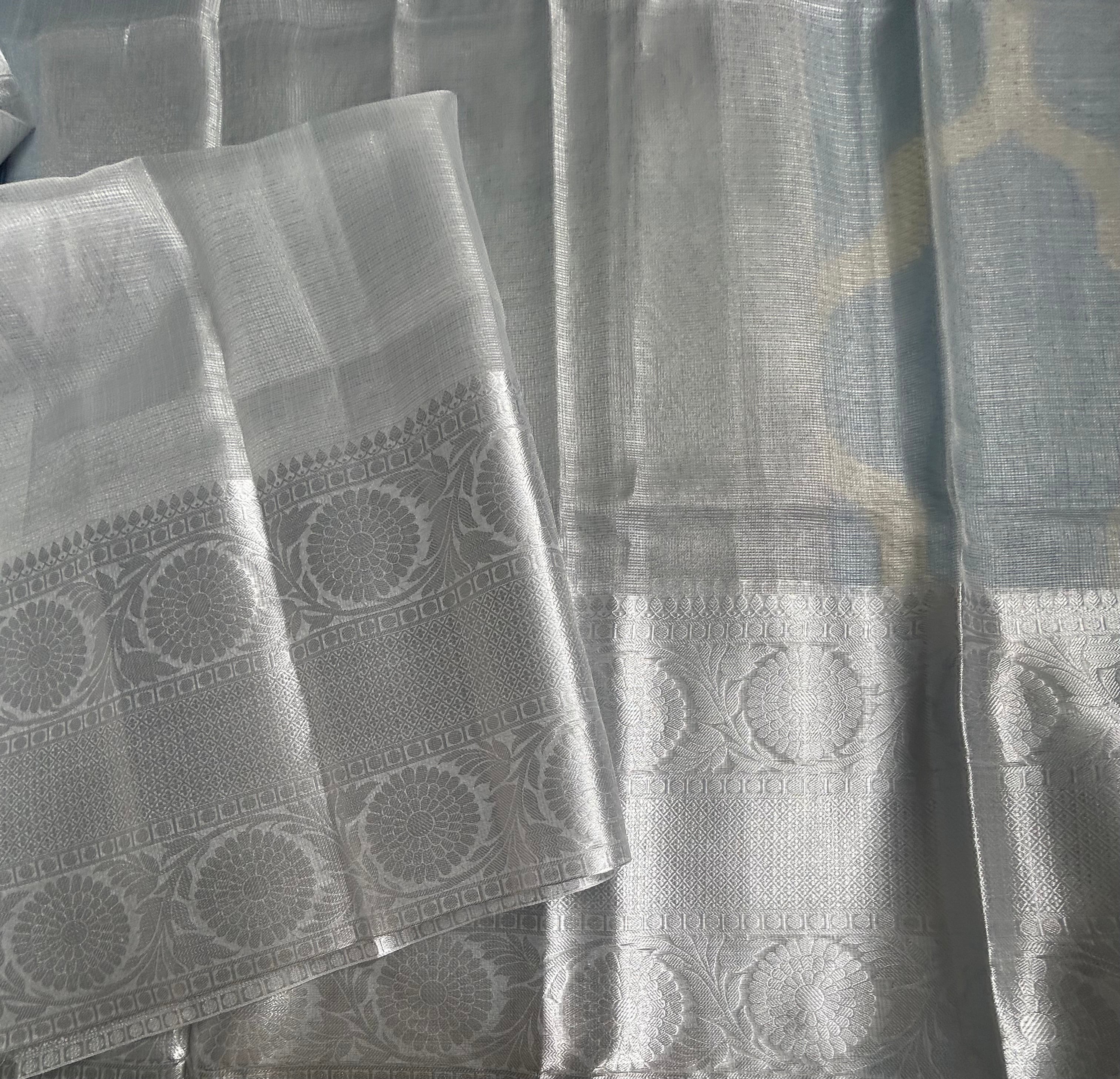 Silver long border semi tissue saree