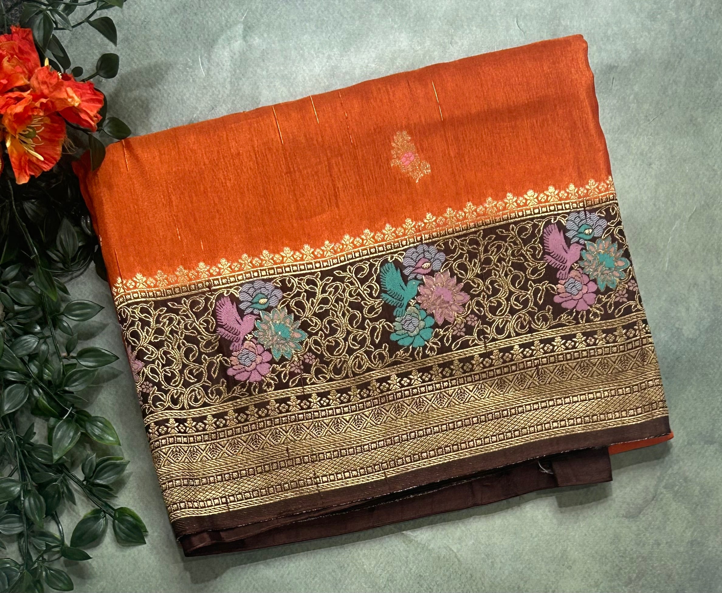 Rust orange n brown 104 Meena work border saree