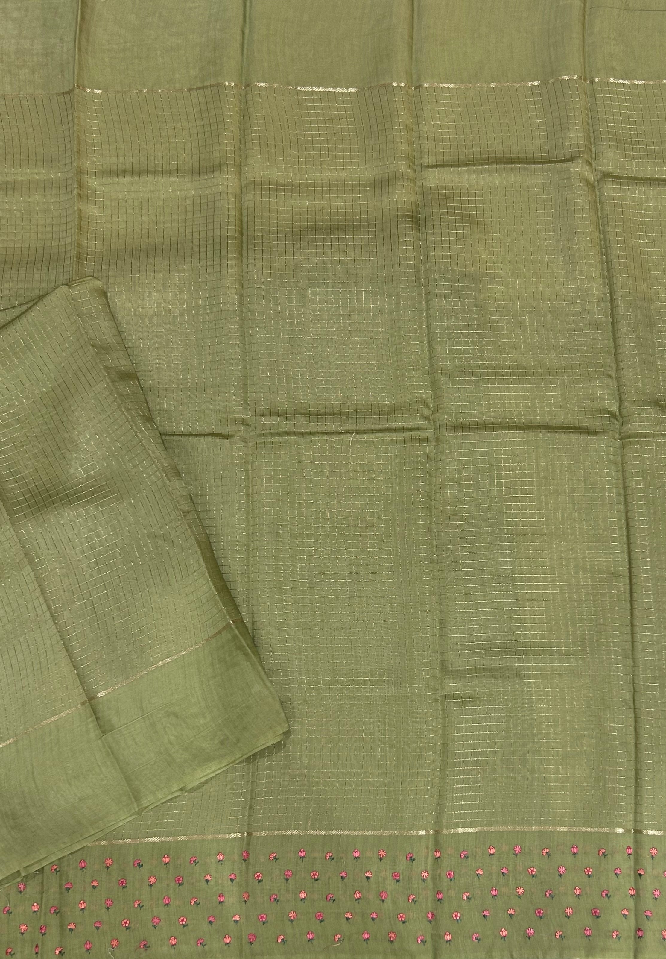 Light green checks embrodiery butta border soft tussar crepe 104 saree