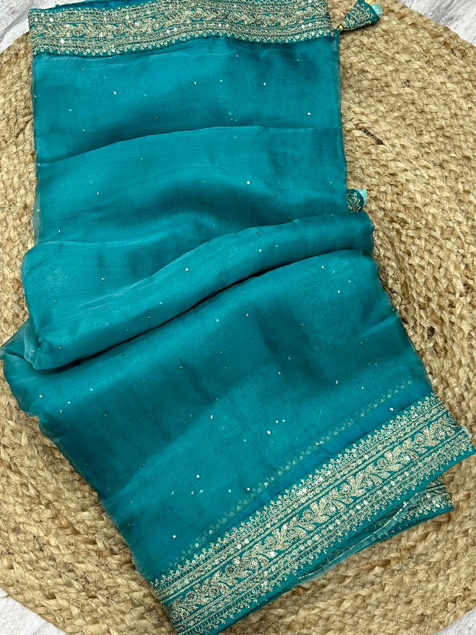 Sea blue sabyasachi inspired pure organza saree