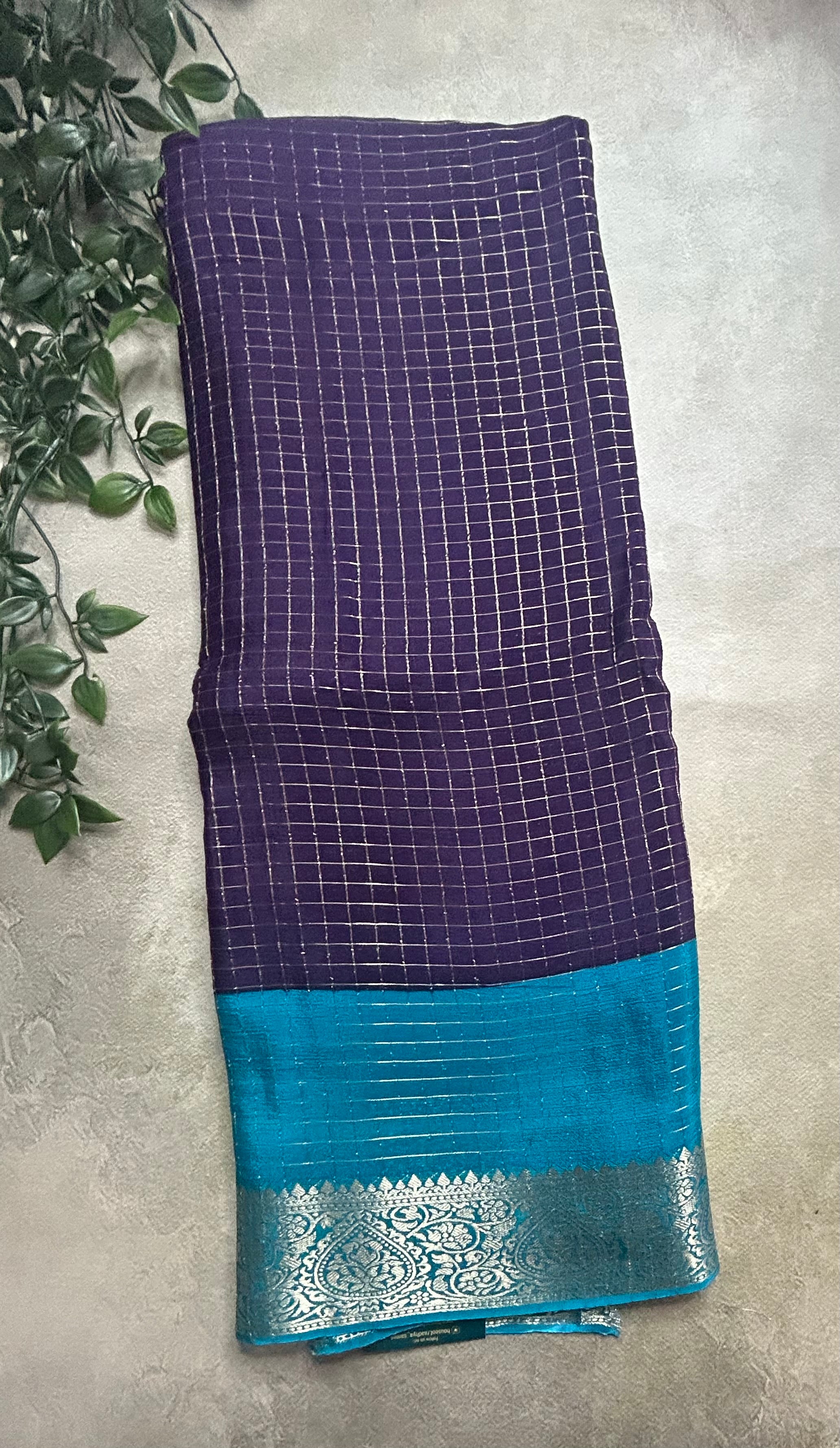 Purple small checks semi crepe saree
