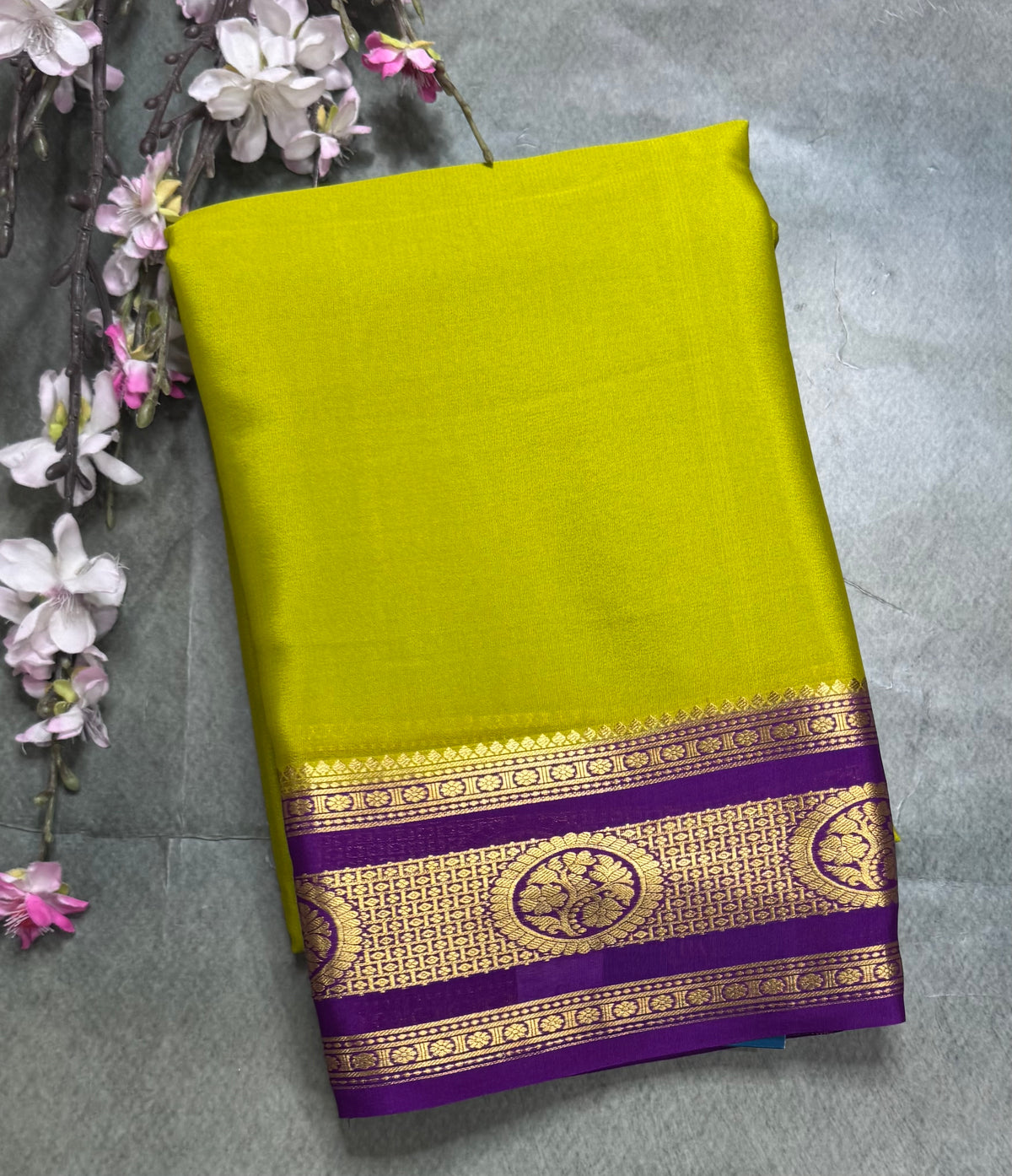Neon green long border pure Mysore silk saree