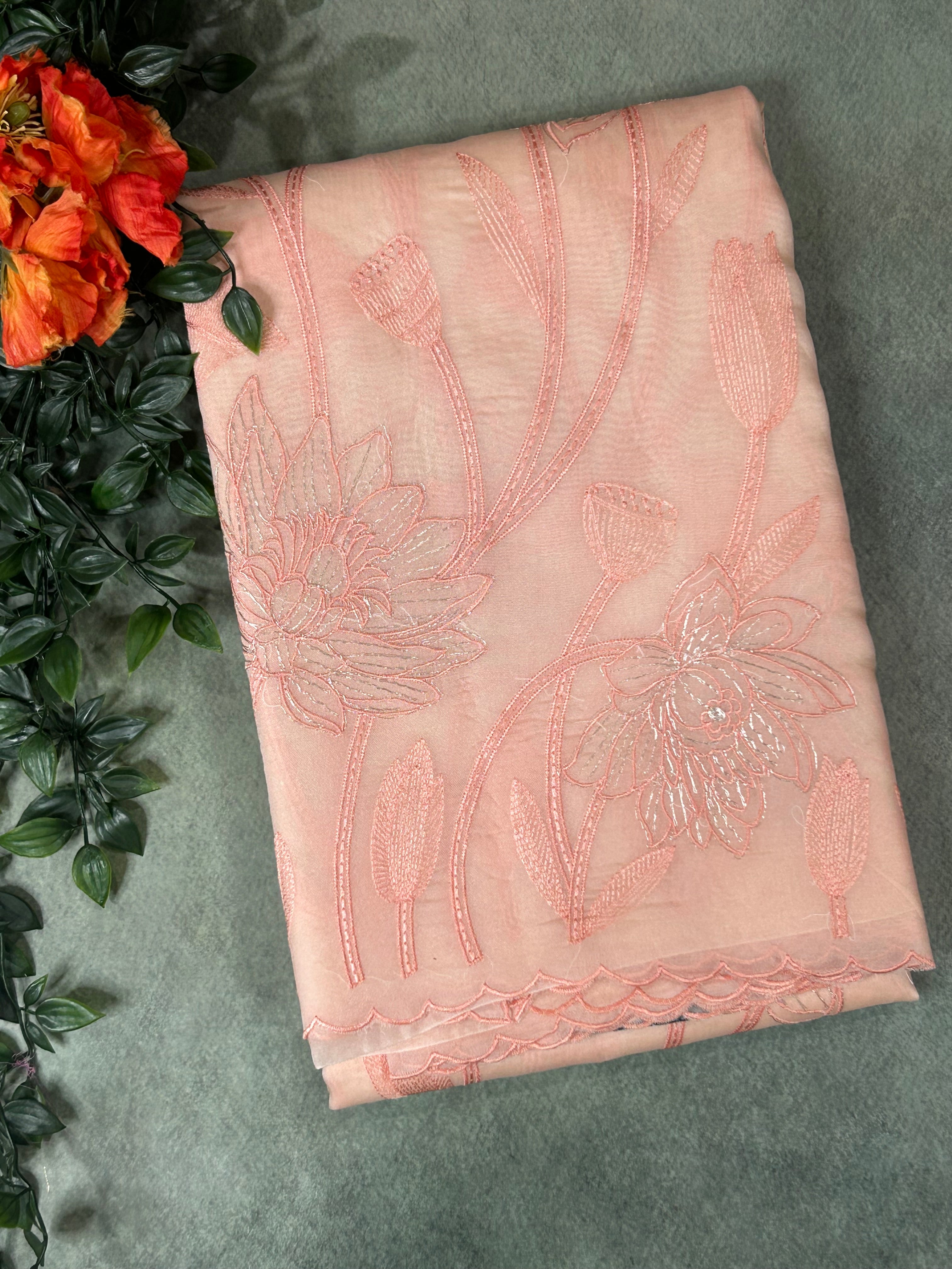 Peach pure organza embroidery saree