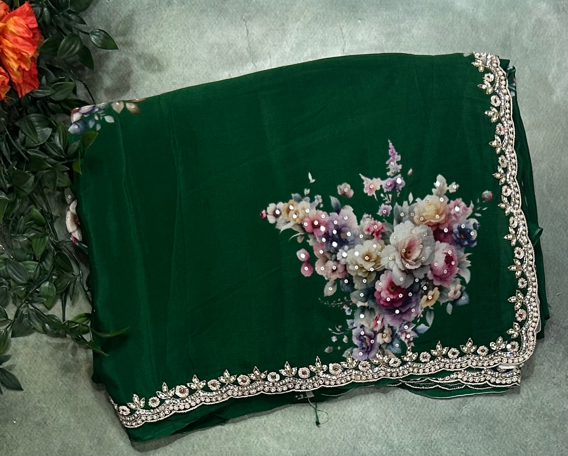 Bottle green digital printed crepe 104 party wear saree