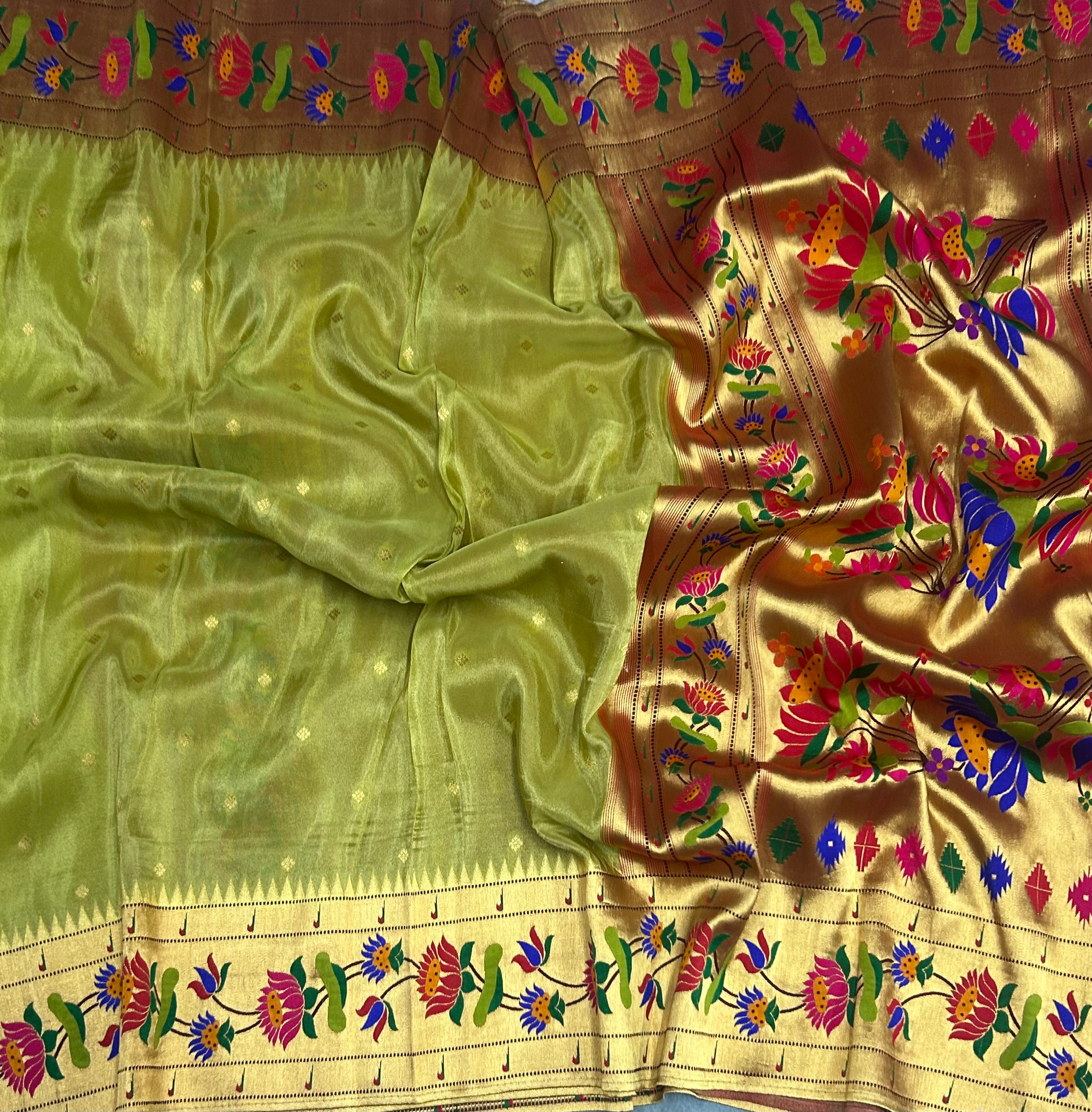 Pastel green small butta tissue paithani border saree