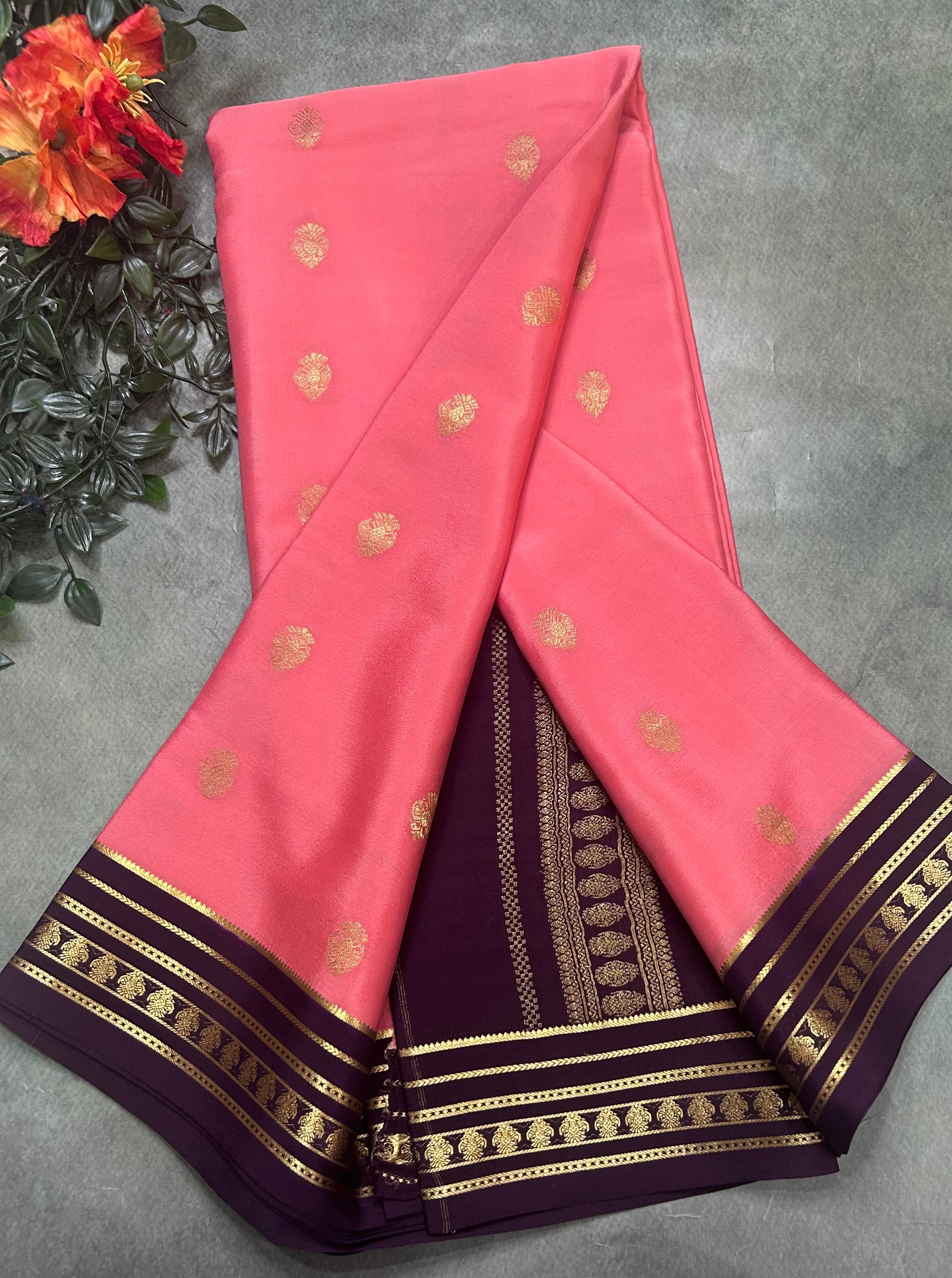 Peach stripes border pure Mysore silk 106 saree