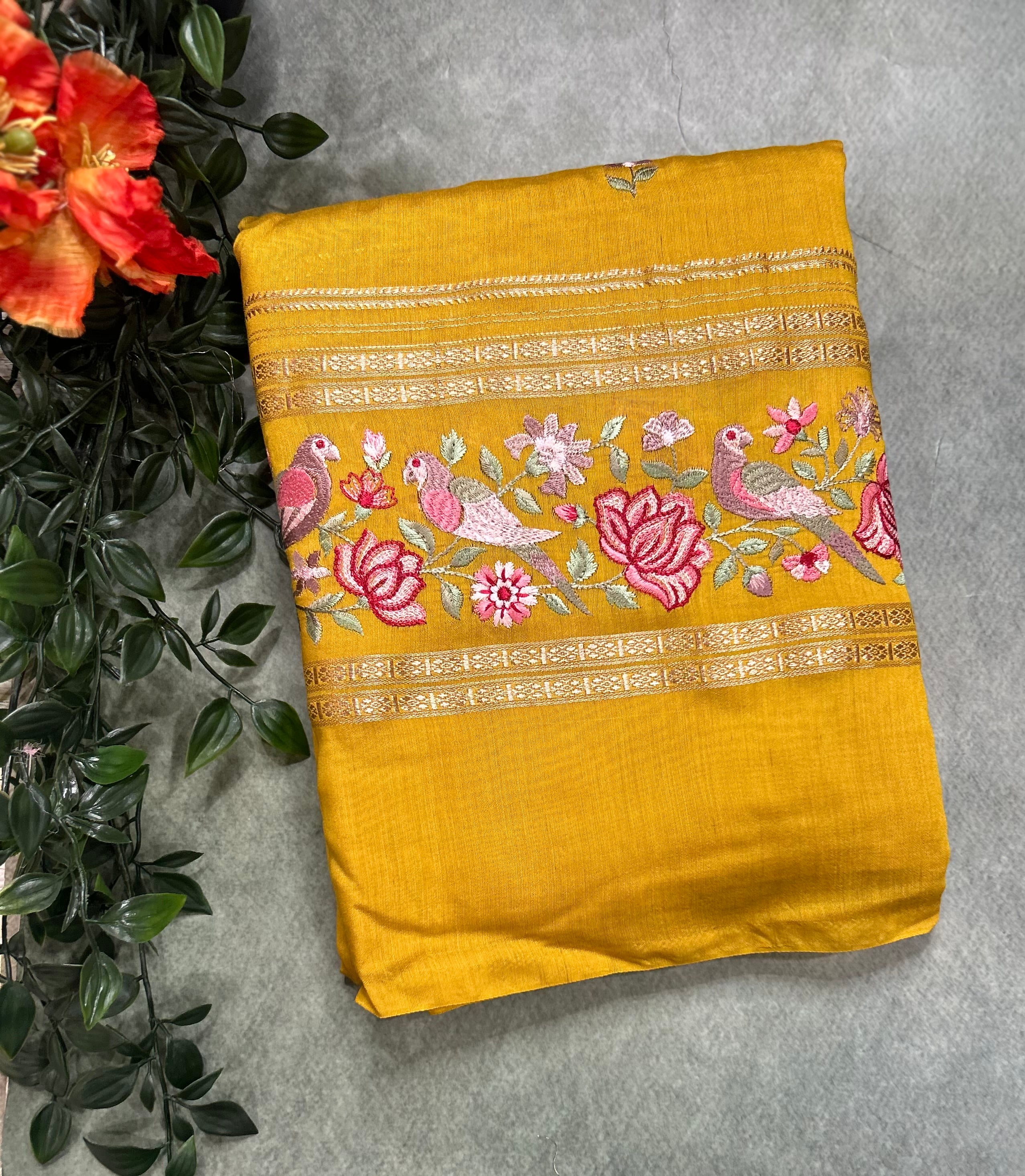 Yellow embrodiery soft tussar crepe 104 saree