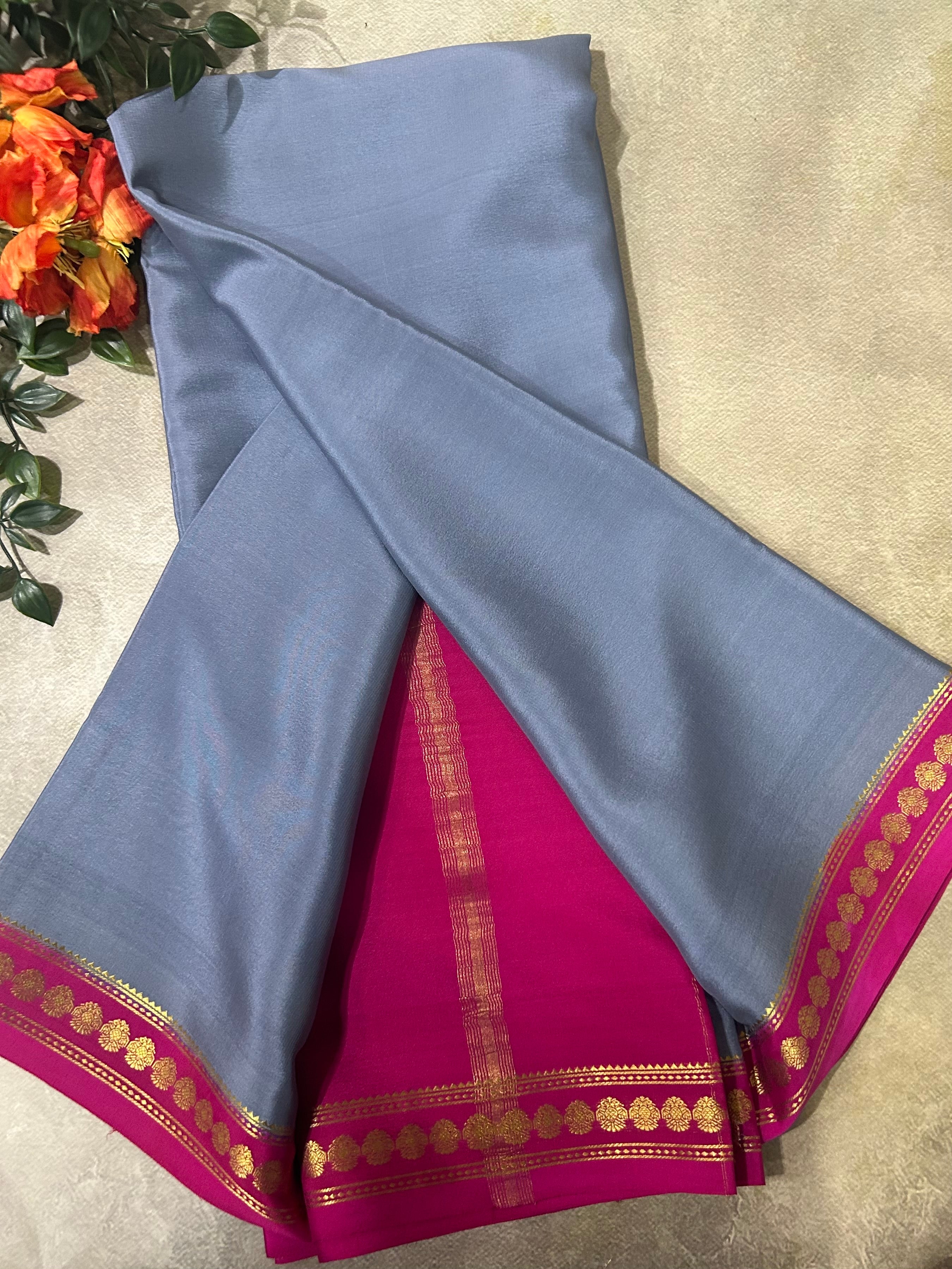 Grey small border pure Mysore silk 104 saree