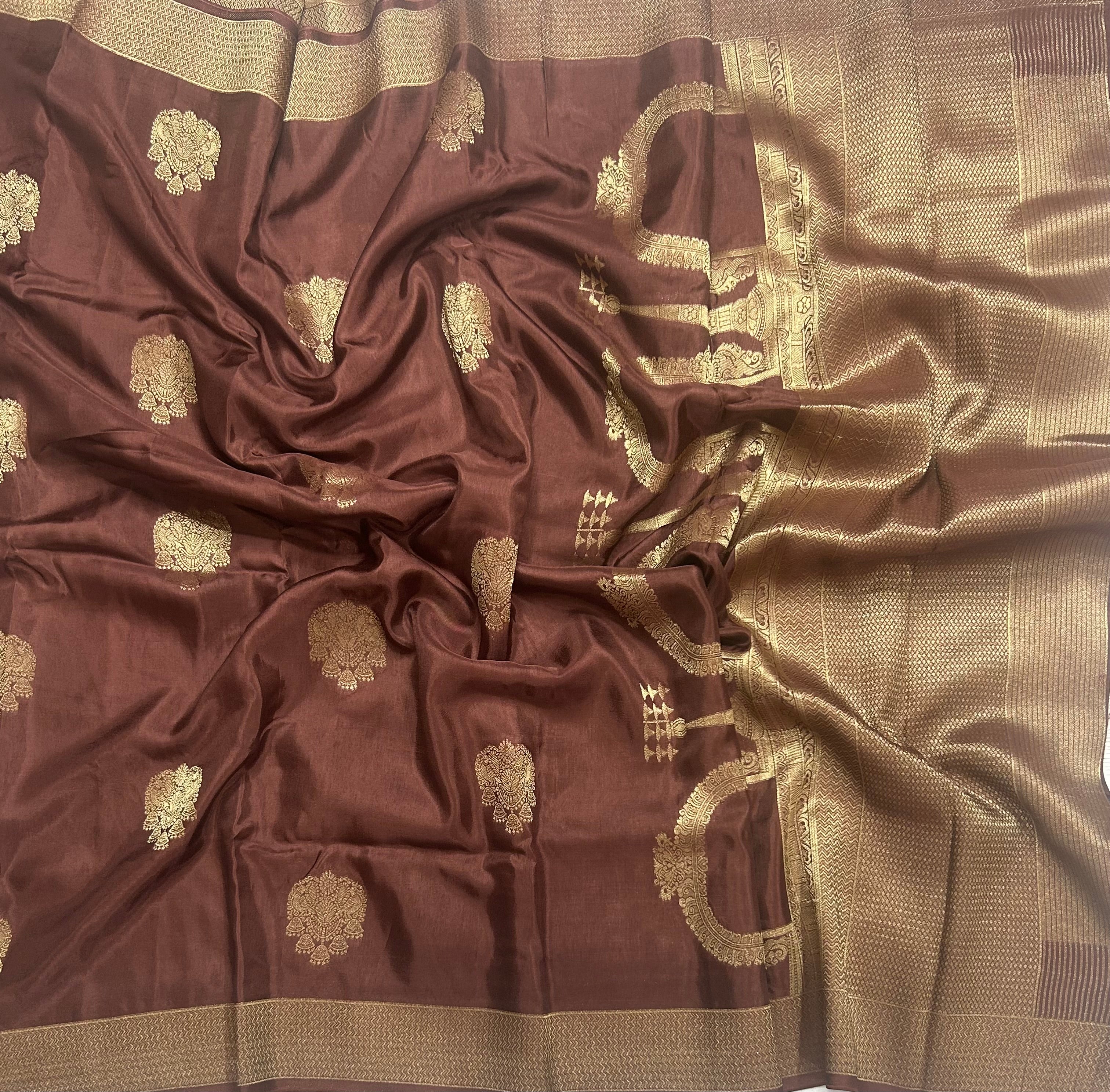 Brown big Butta contrast semi Mysore crepe 105 saree