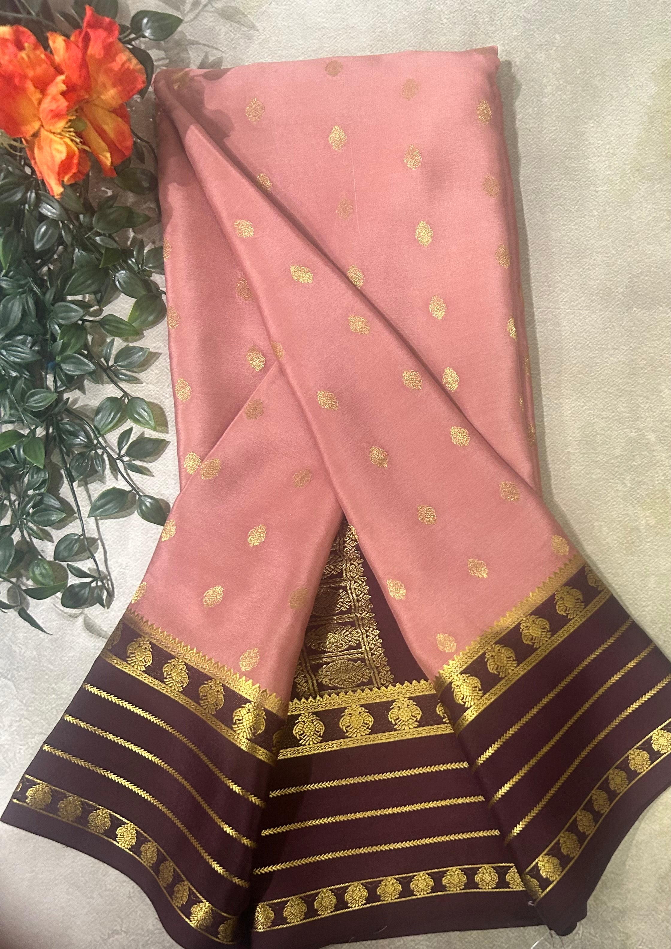 Pastel brown. Stripes border pure Mysore silk 104 saree
