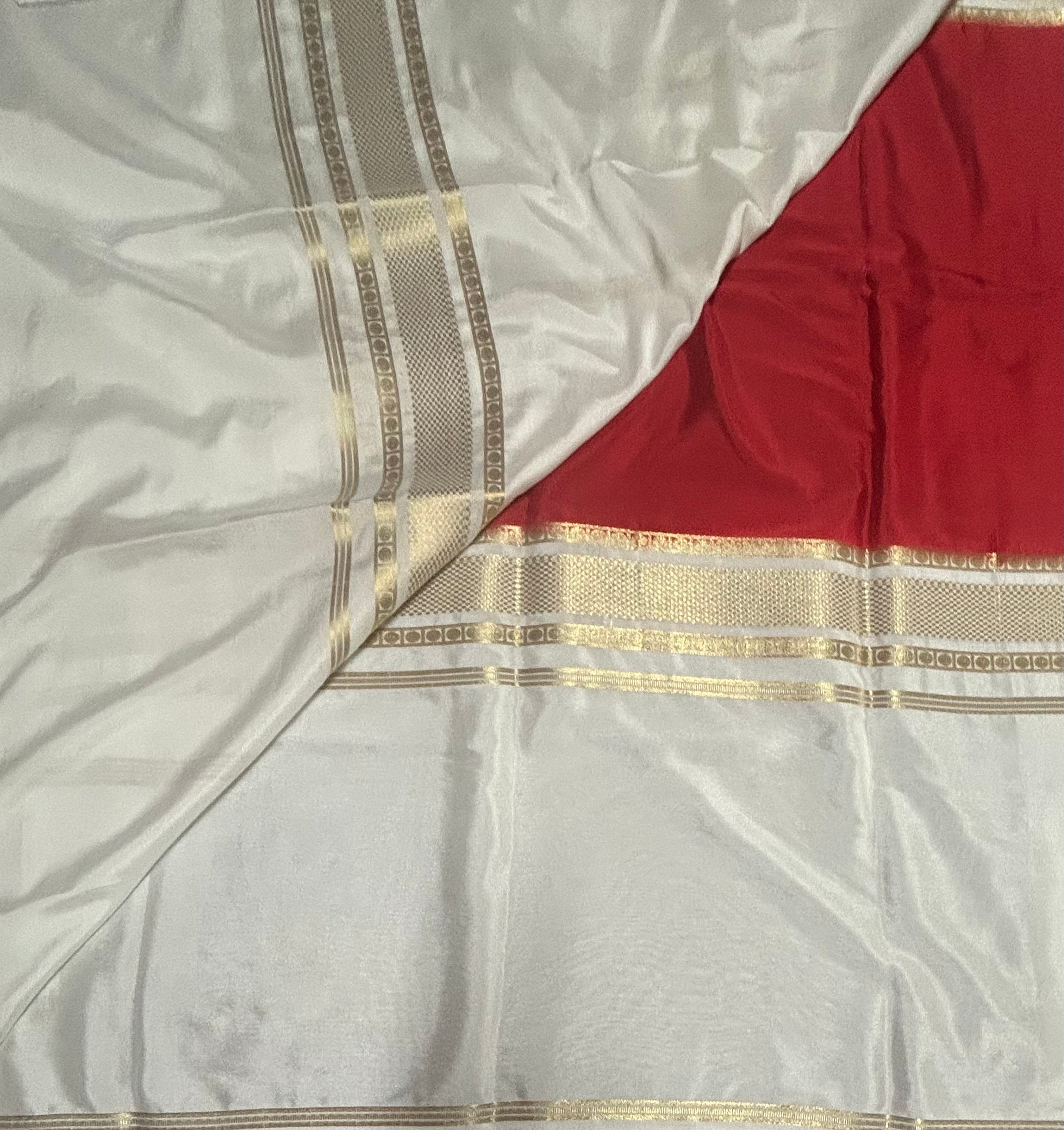 Red and white 4border Semi Mysore Crepe Silk Saree