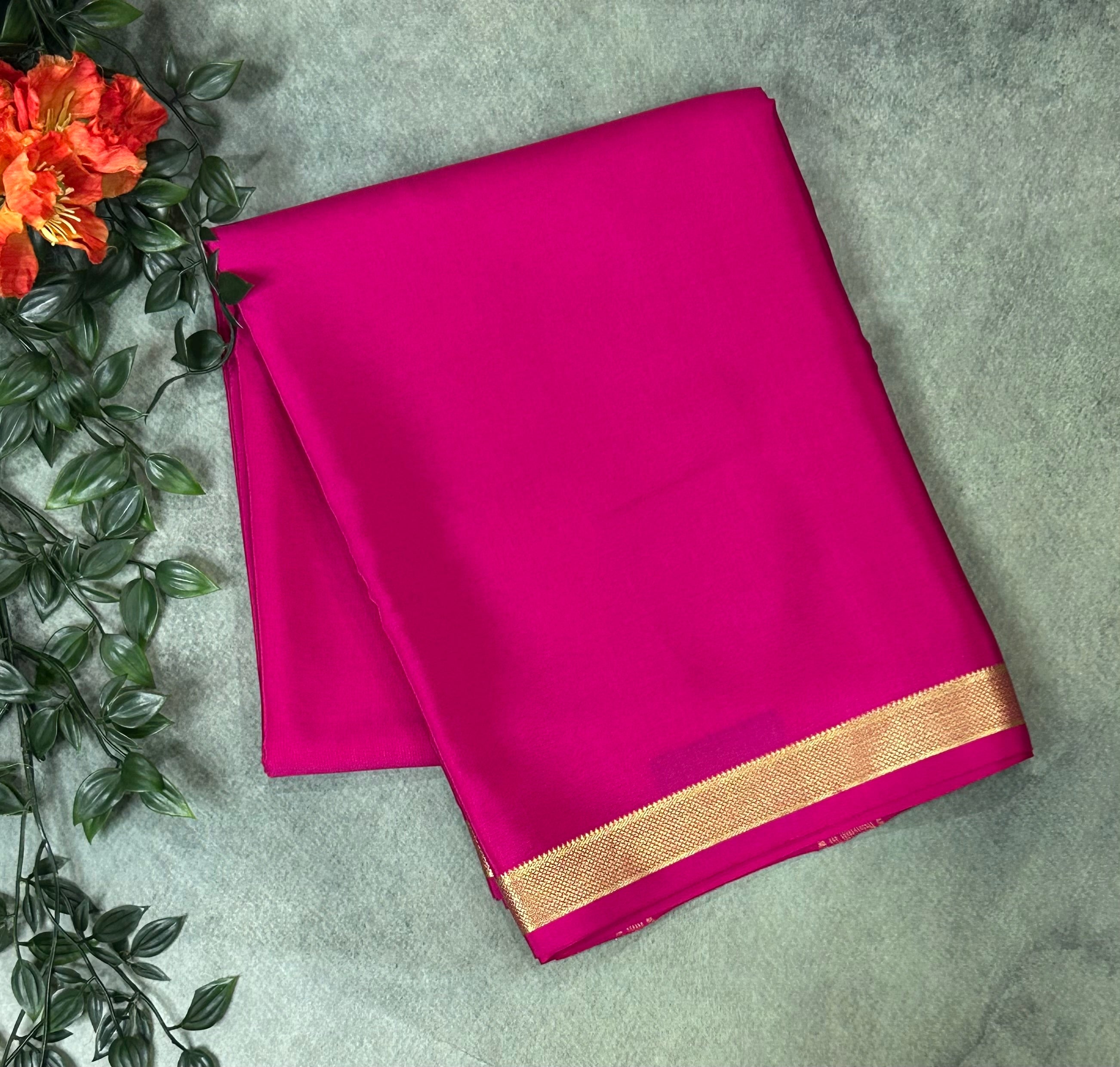 Rani pink plain one inch pure mysore silk-12 saree