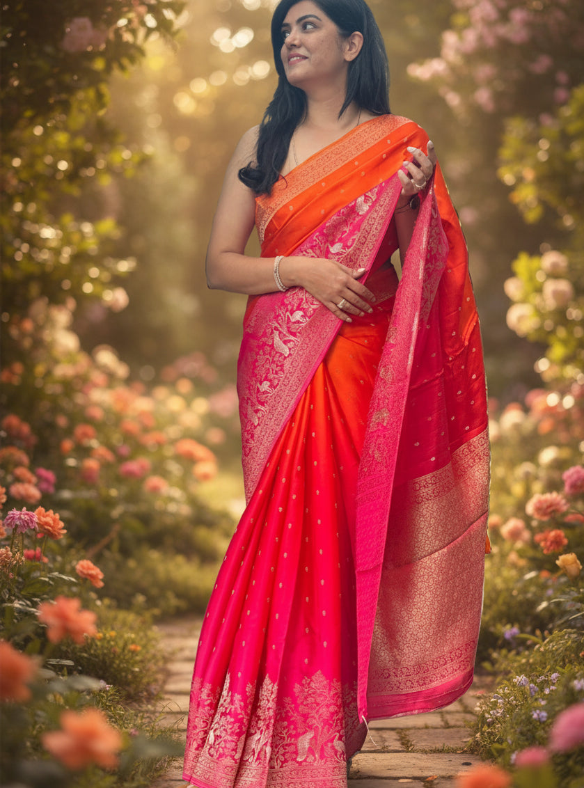 Orange pink mushru 11 satin crepe saree
