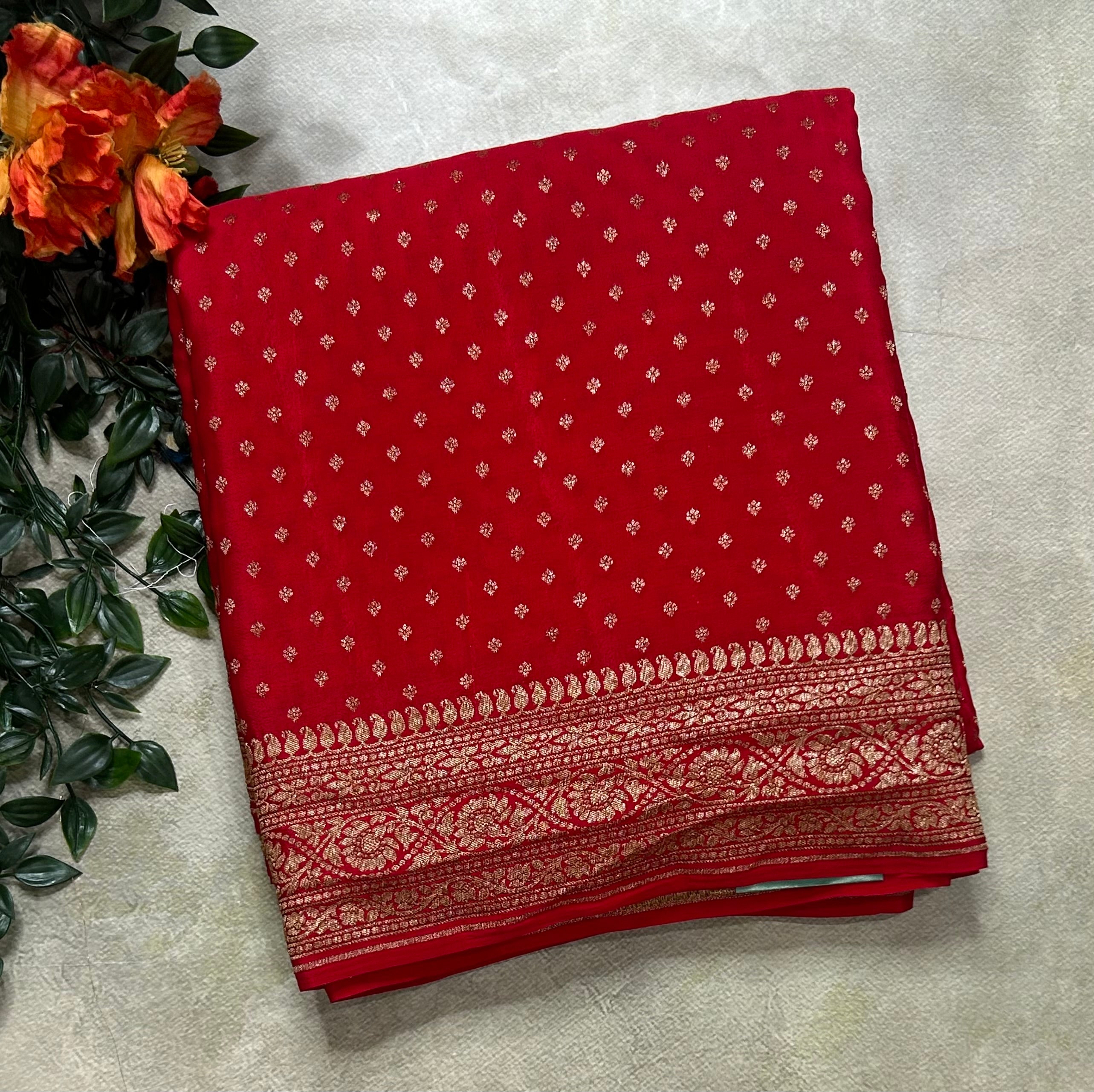 Red small Butta pure Benarasi crepe 106 saree