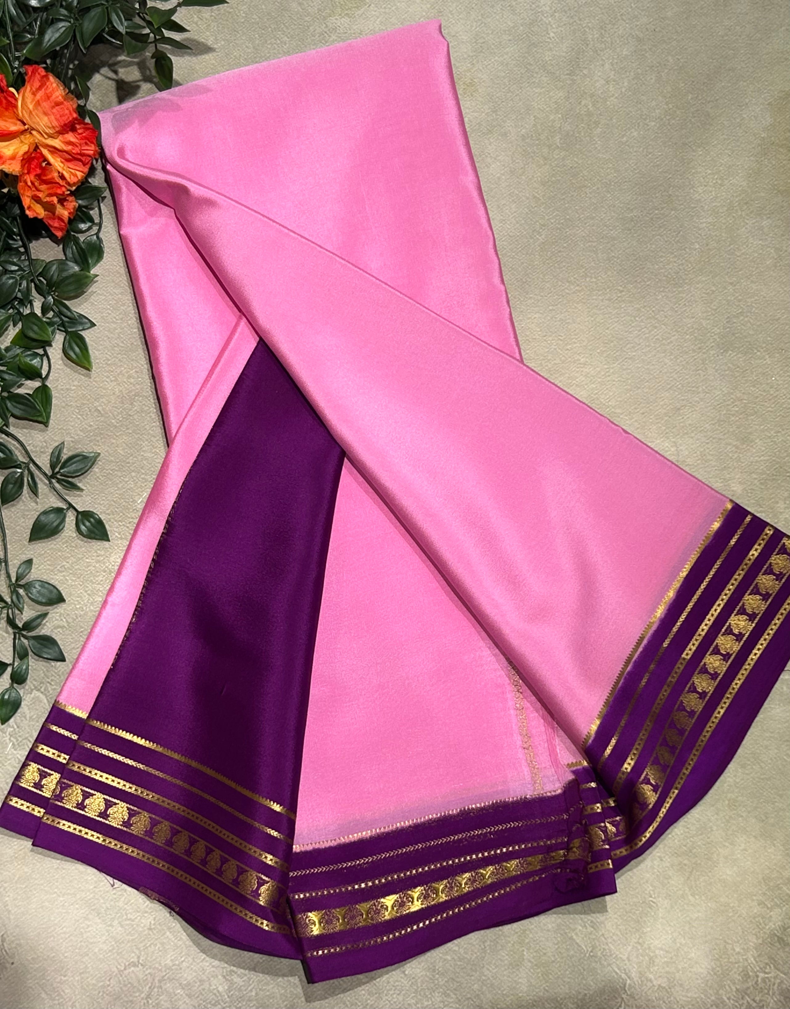 Baby pink stripes border pure Mysore silk-103 saree