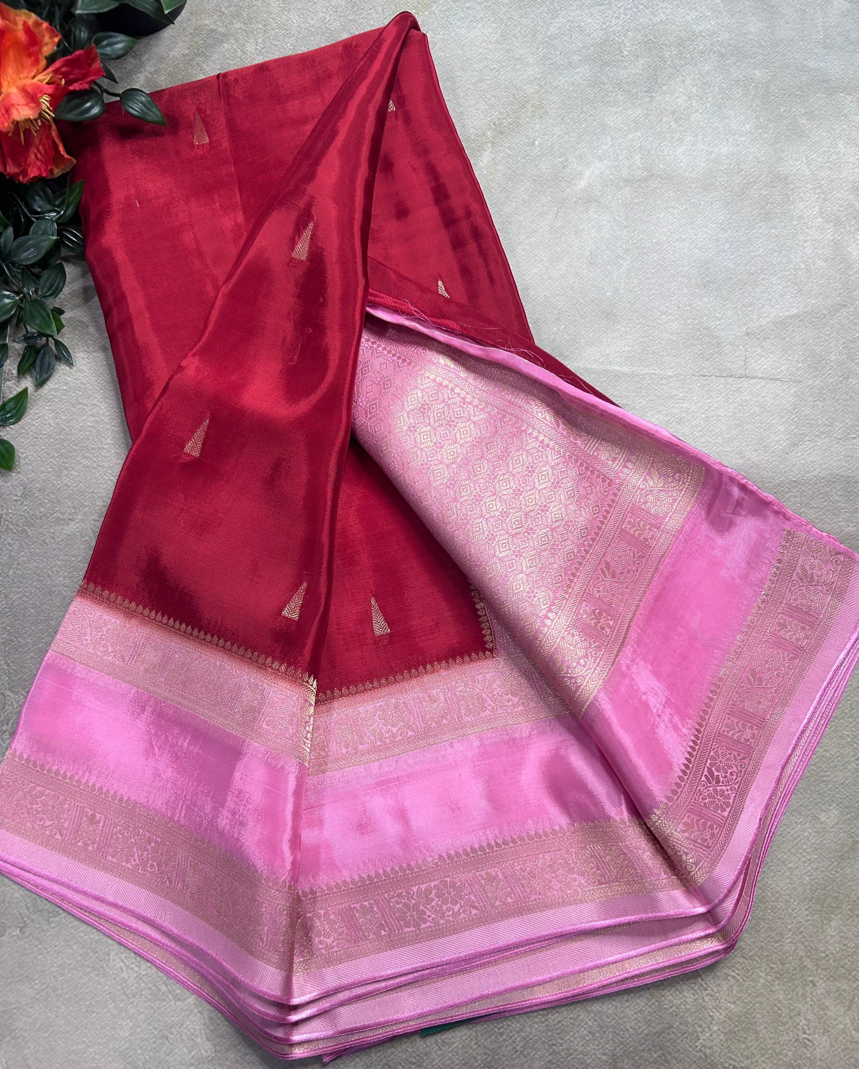Red contrast bentex border semi Mysore crepe 106 saree