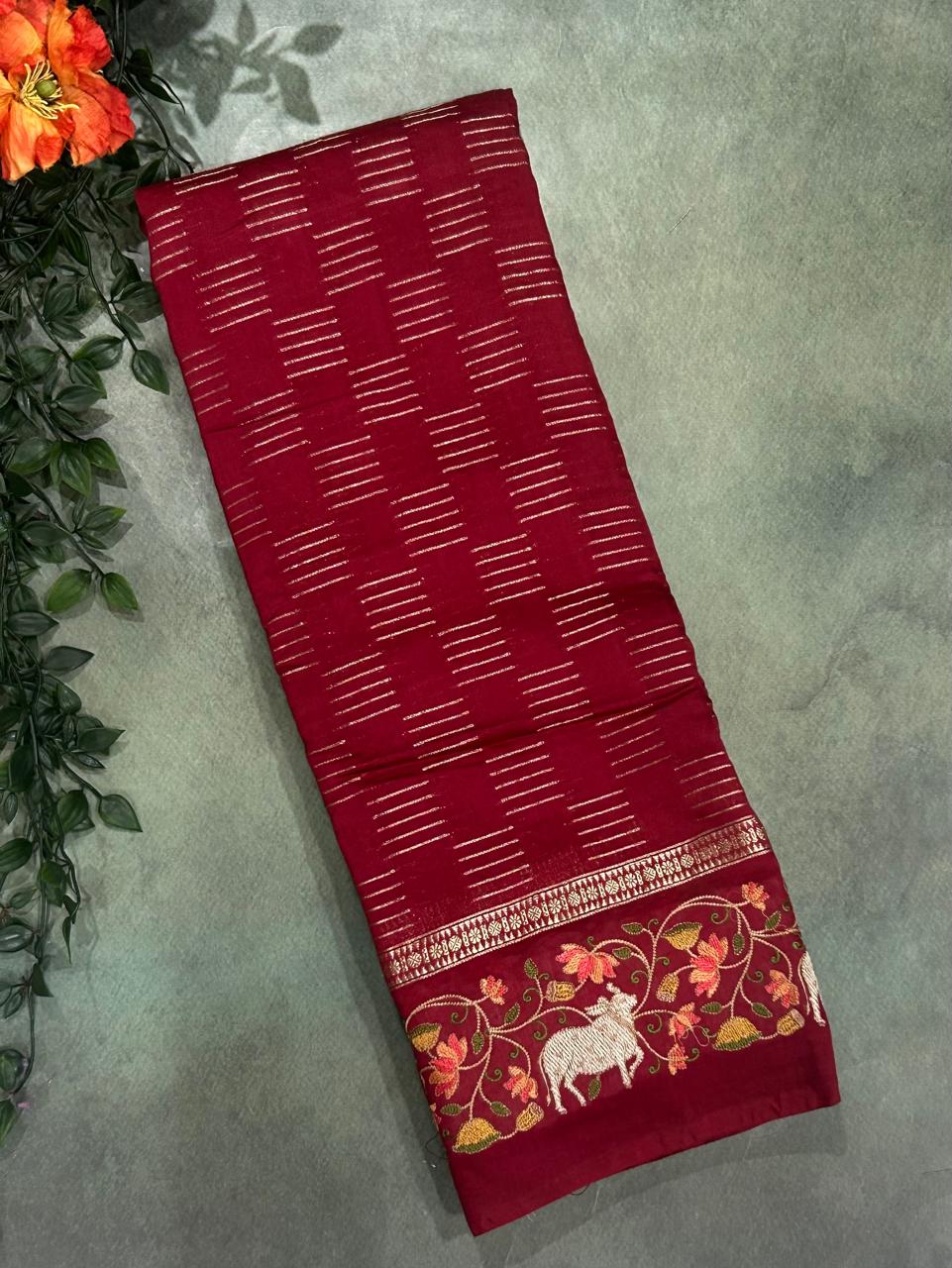 Red soft Tussar 03 embroidery saree