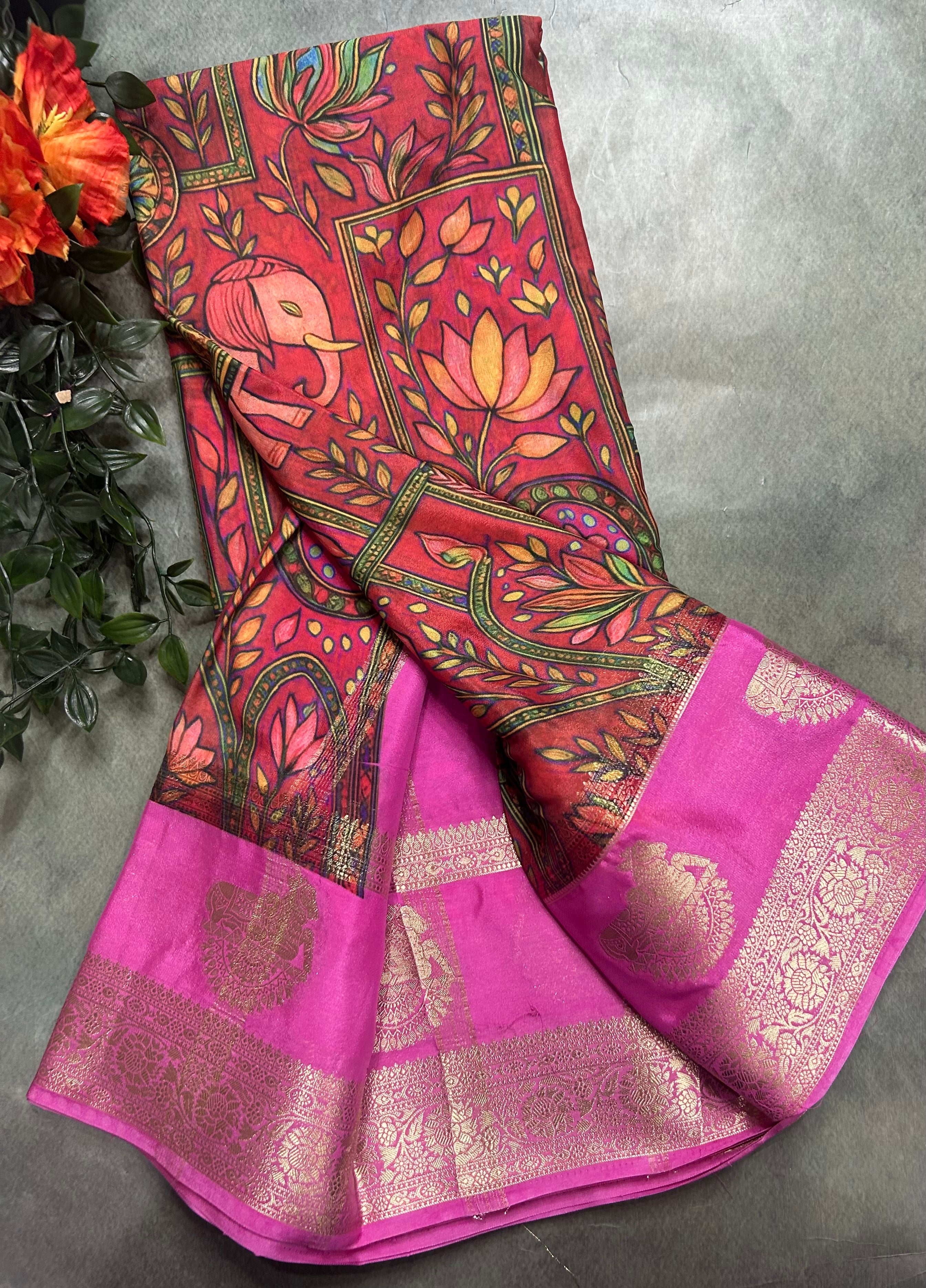 Multicolour bentex border printed semi Mysore 105 saree
