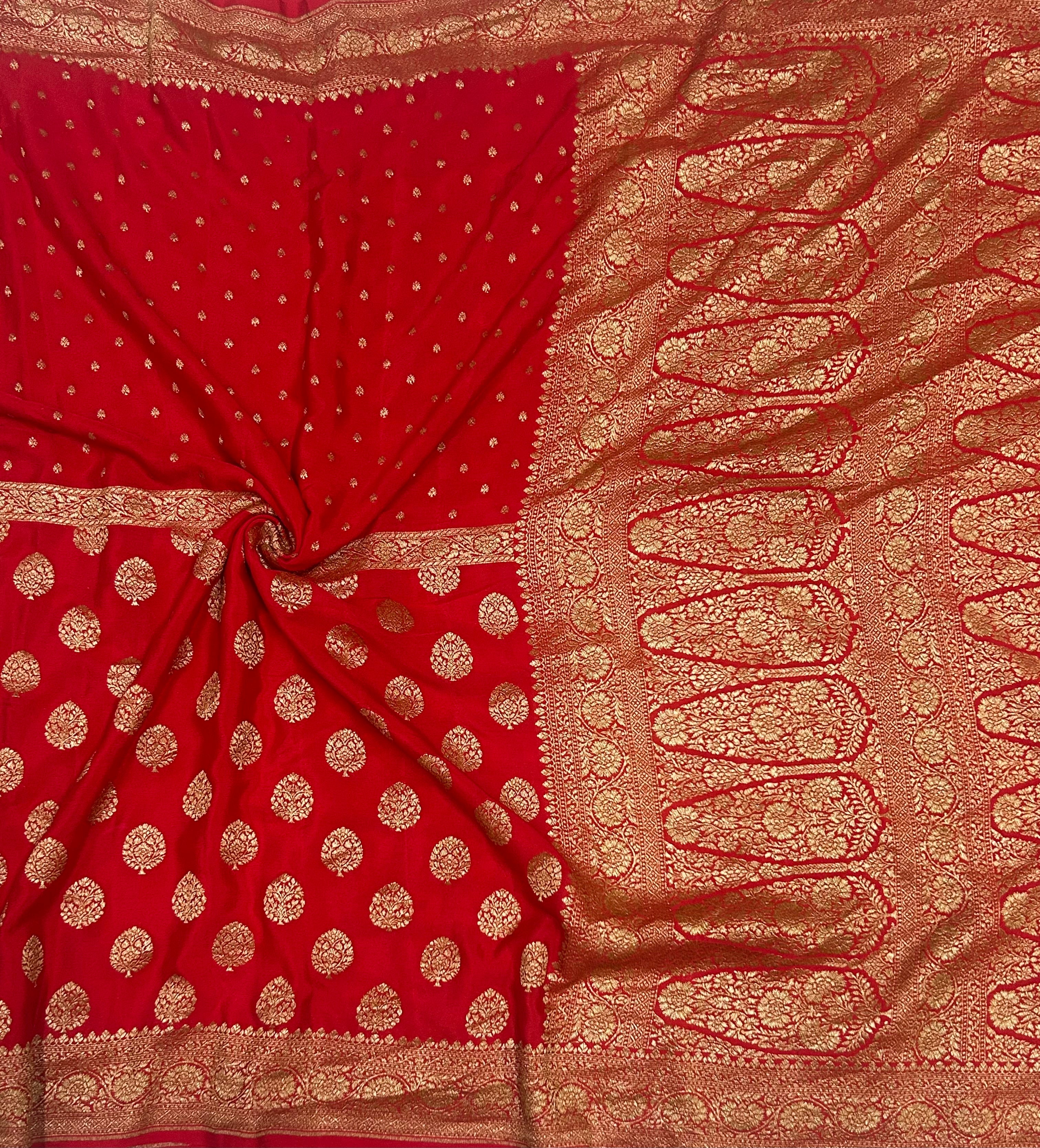 Bright red small n big butta pure benarasi crepe 103 saree