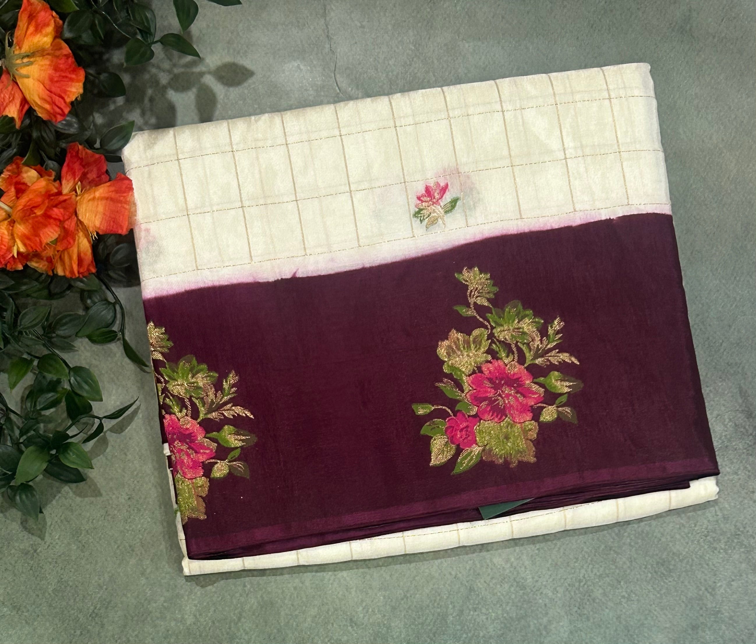 Cream n brown checks dola crepe 104 saree