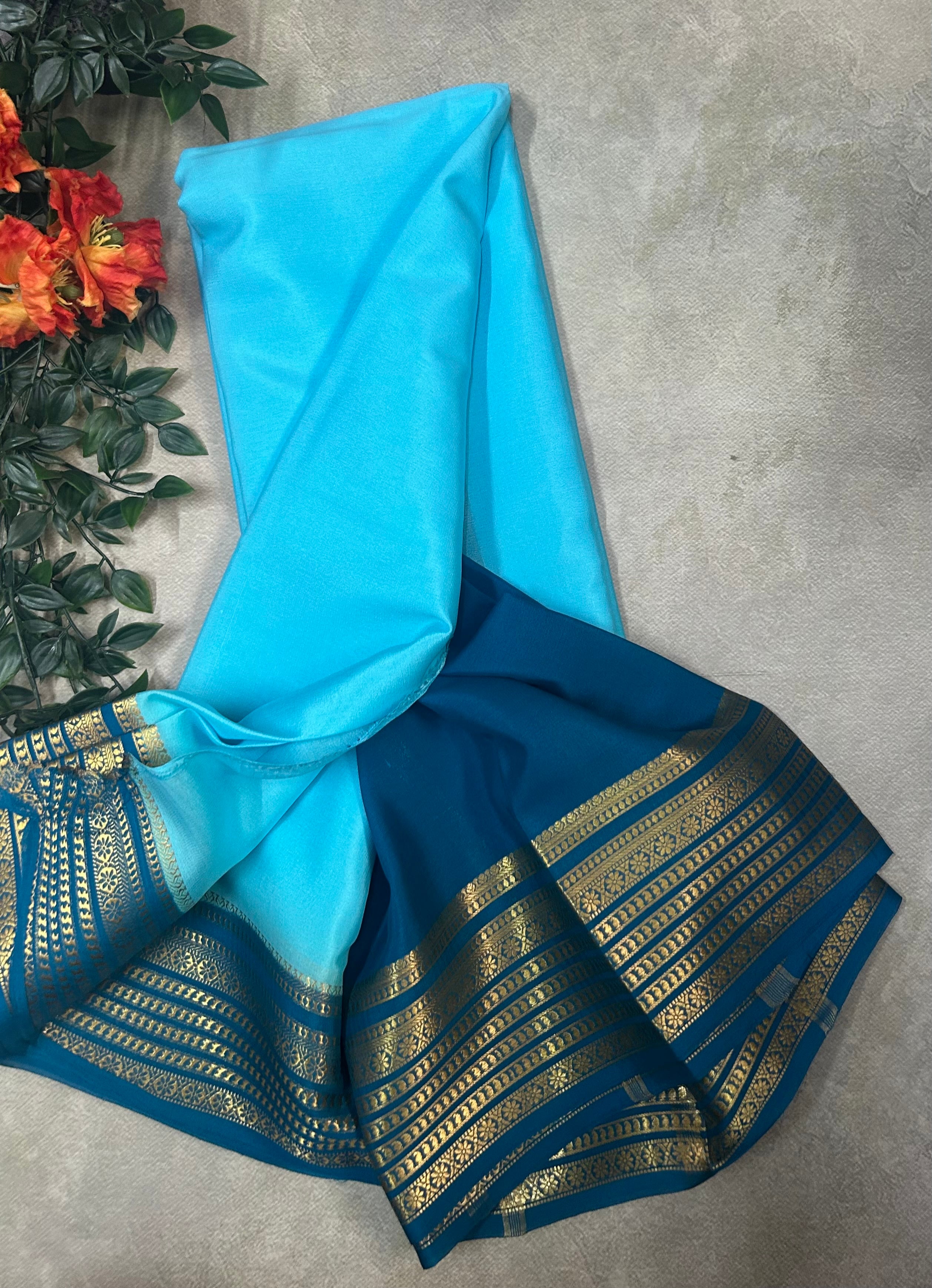 Sky blue n peacock blue pure Mysore silk saree
