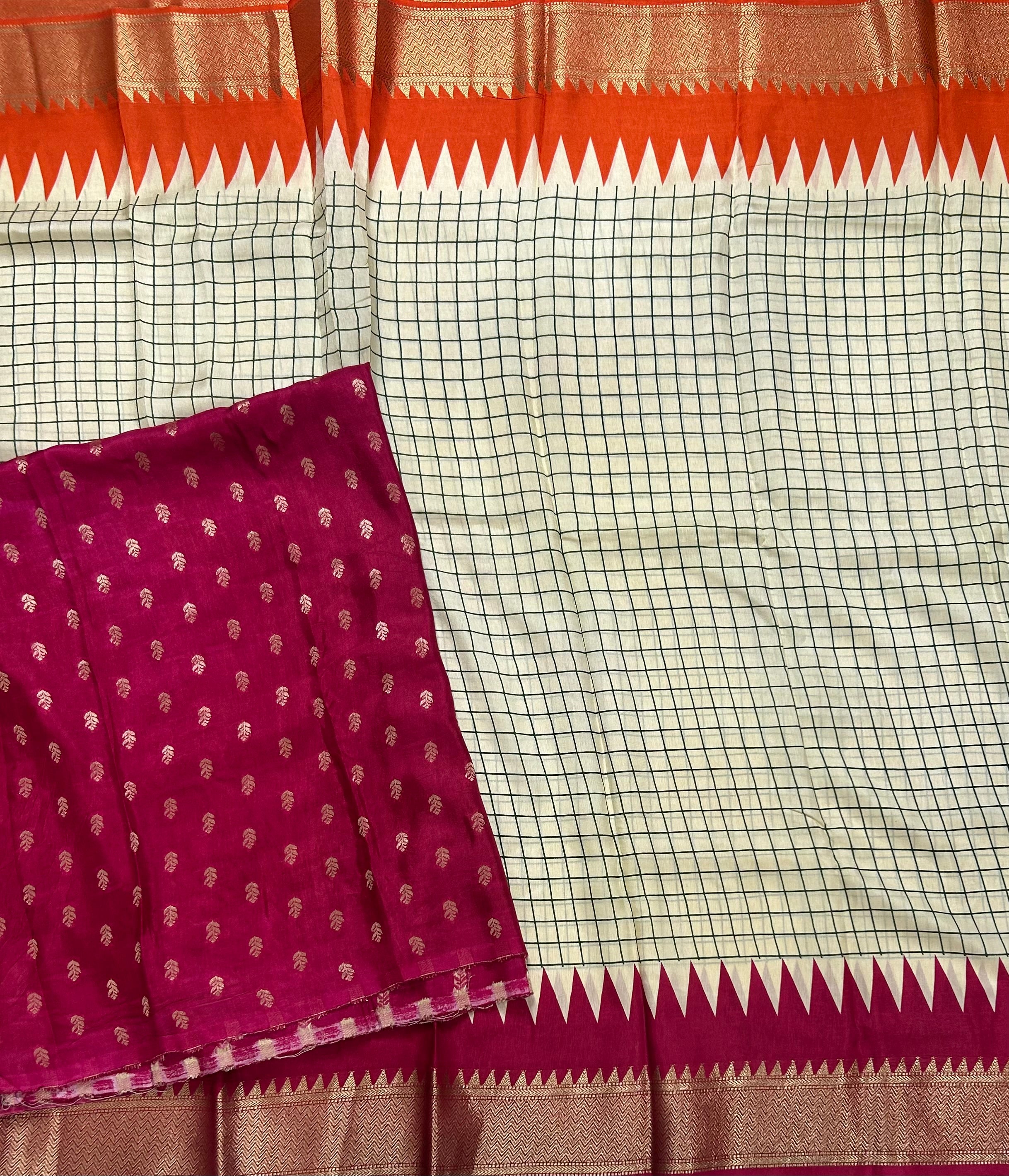 Cream checks Ganga Jamuna border dola crepe 105  saree