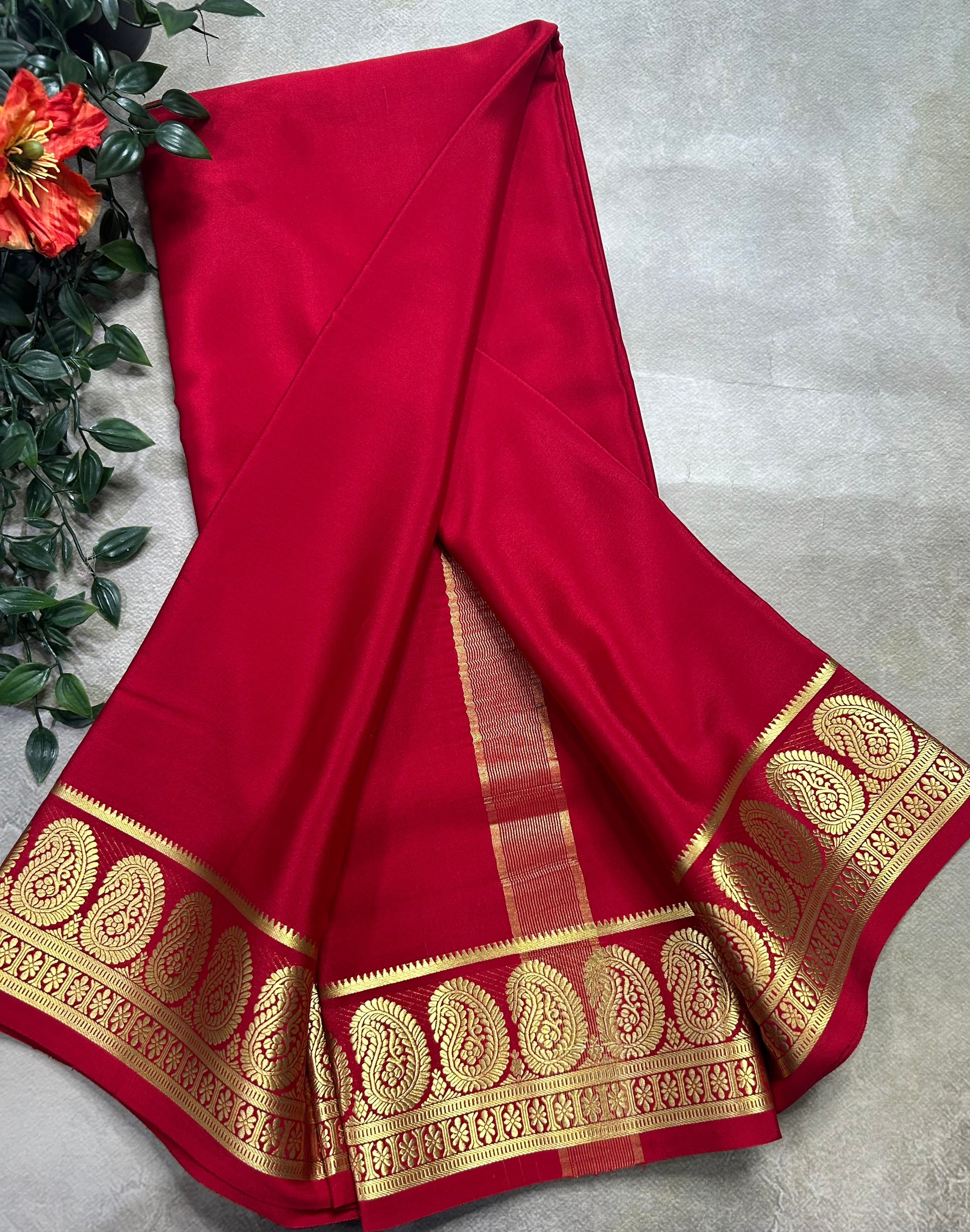 Red plain mango border pure Mysore silk 105 saree
