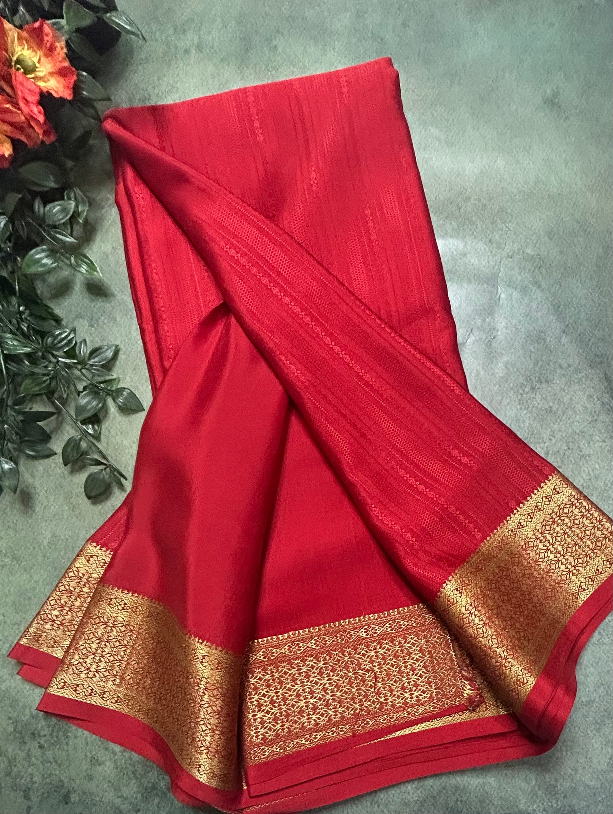 Red long border embossed pure Mysore silk 105 saree