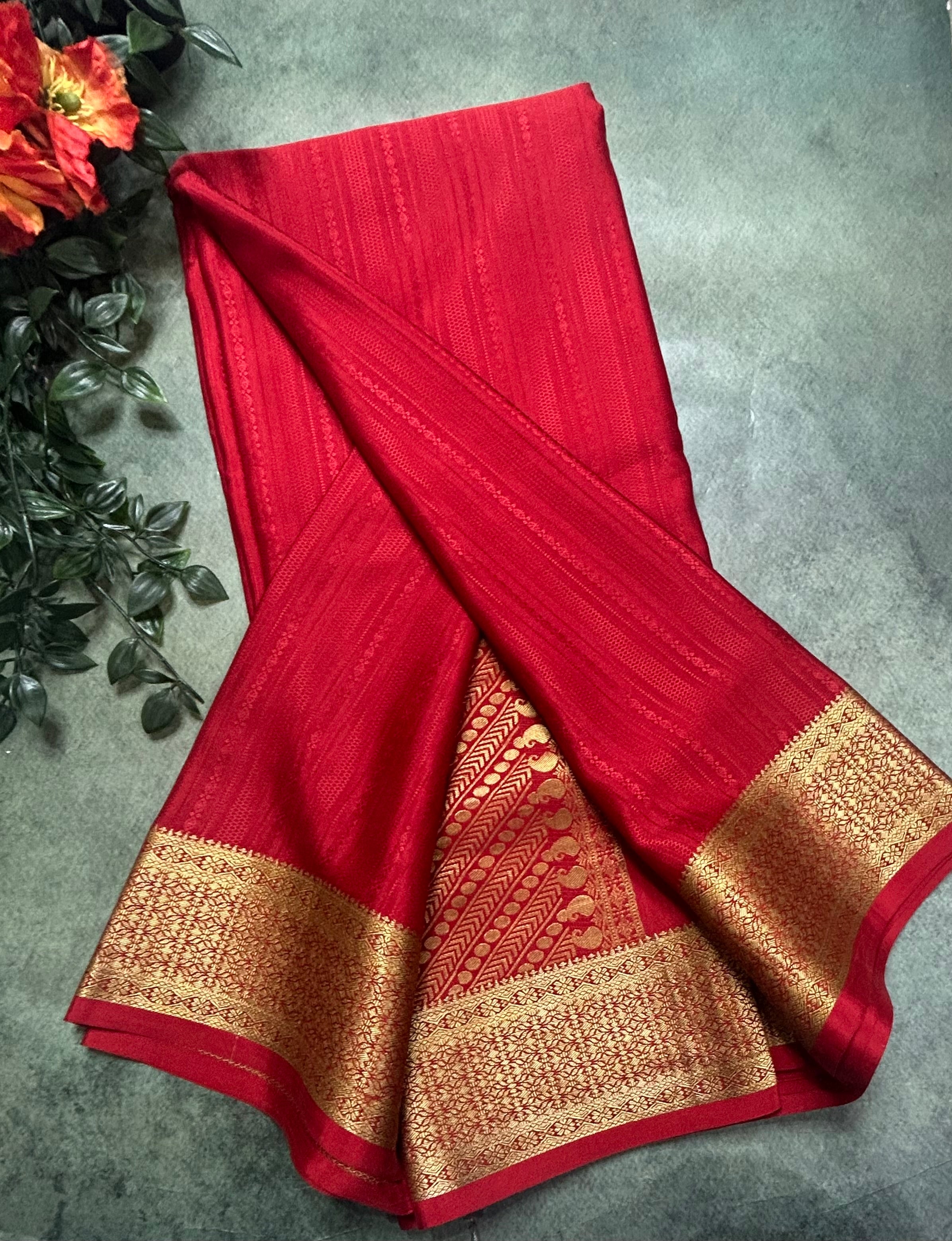 Red long border embossed pure Mysore silk 105 saree