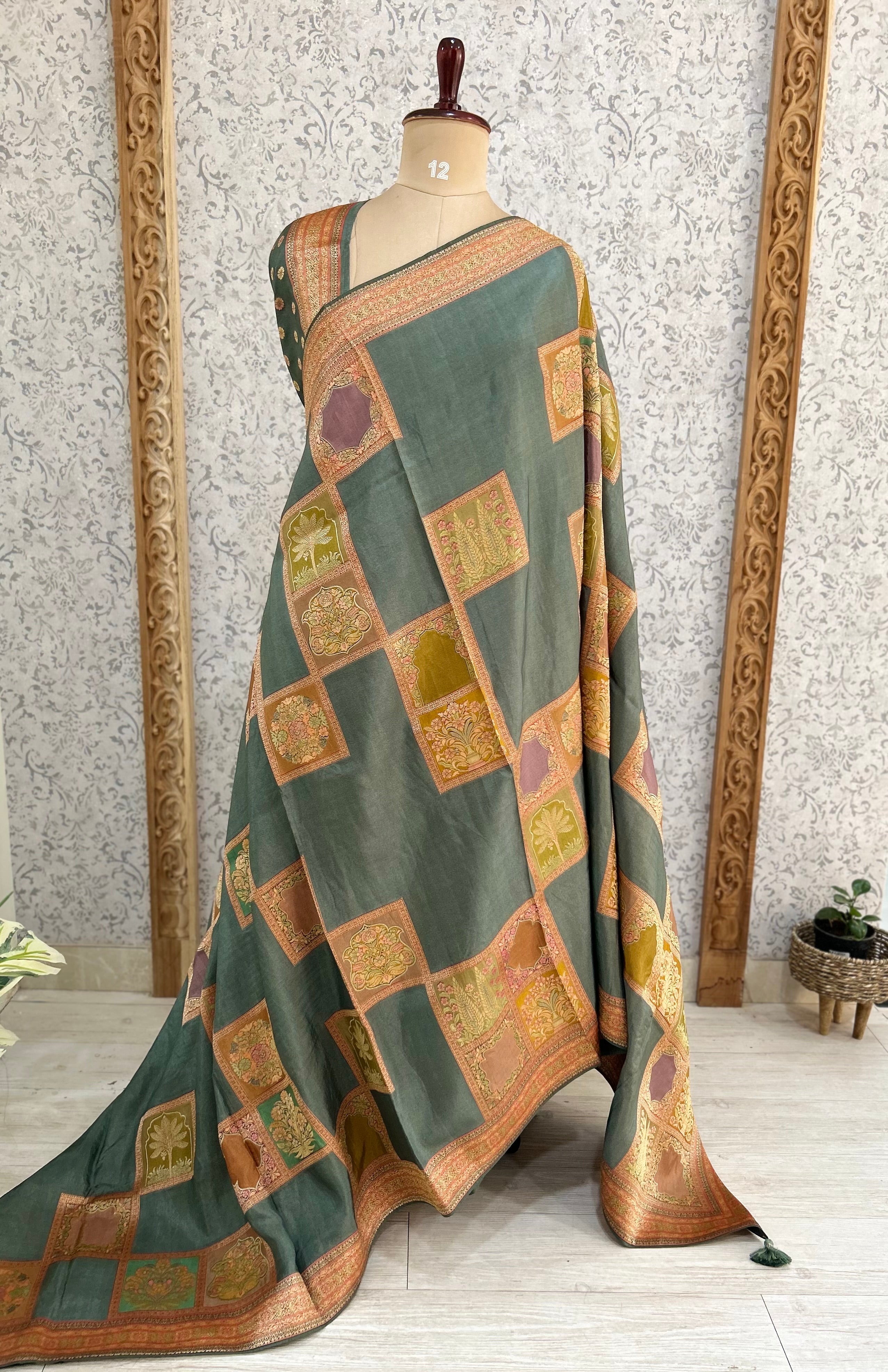 Teal green dola crepe silk saree 101