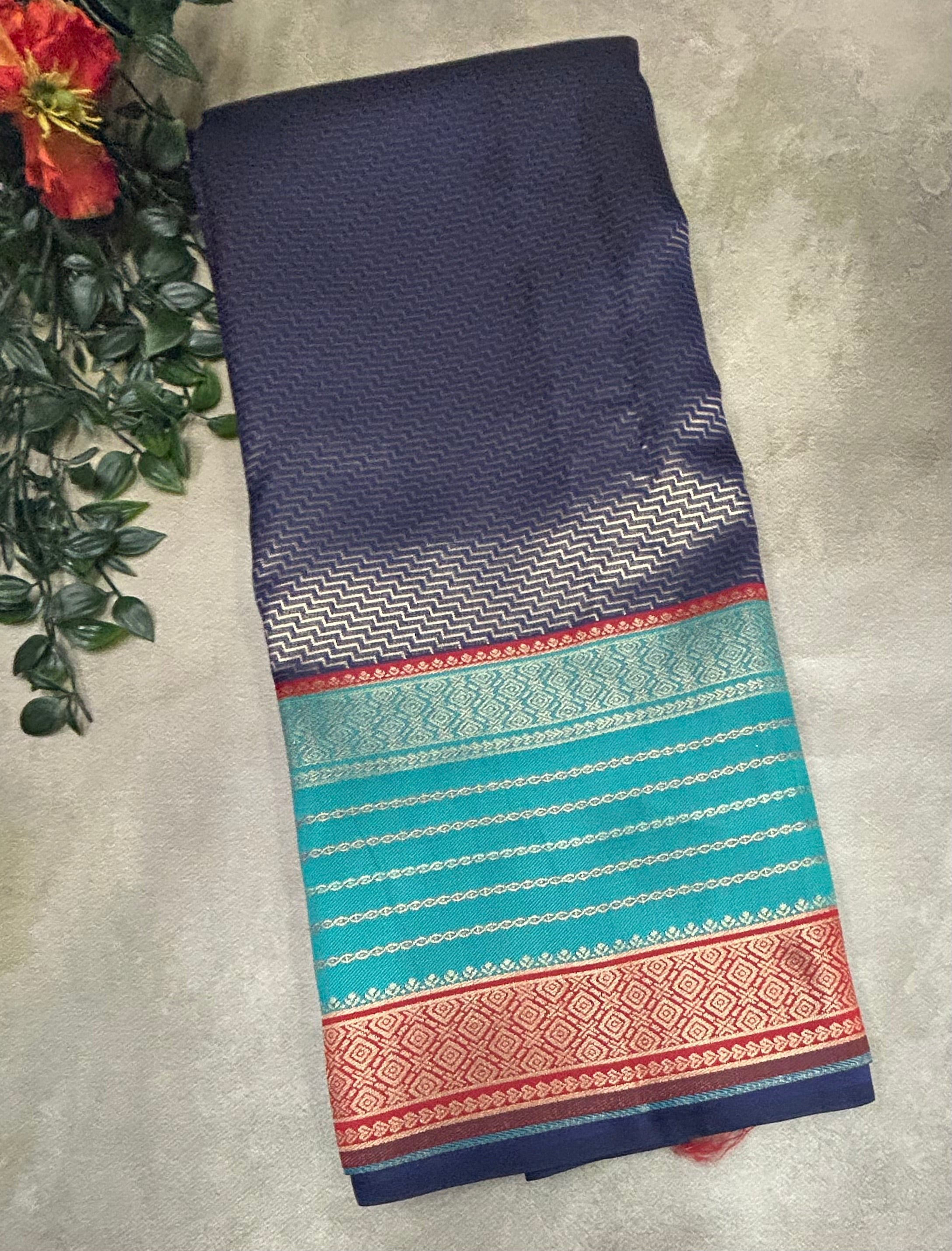 Navy blue small checks semi Silk Saree