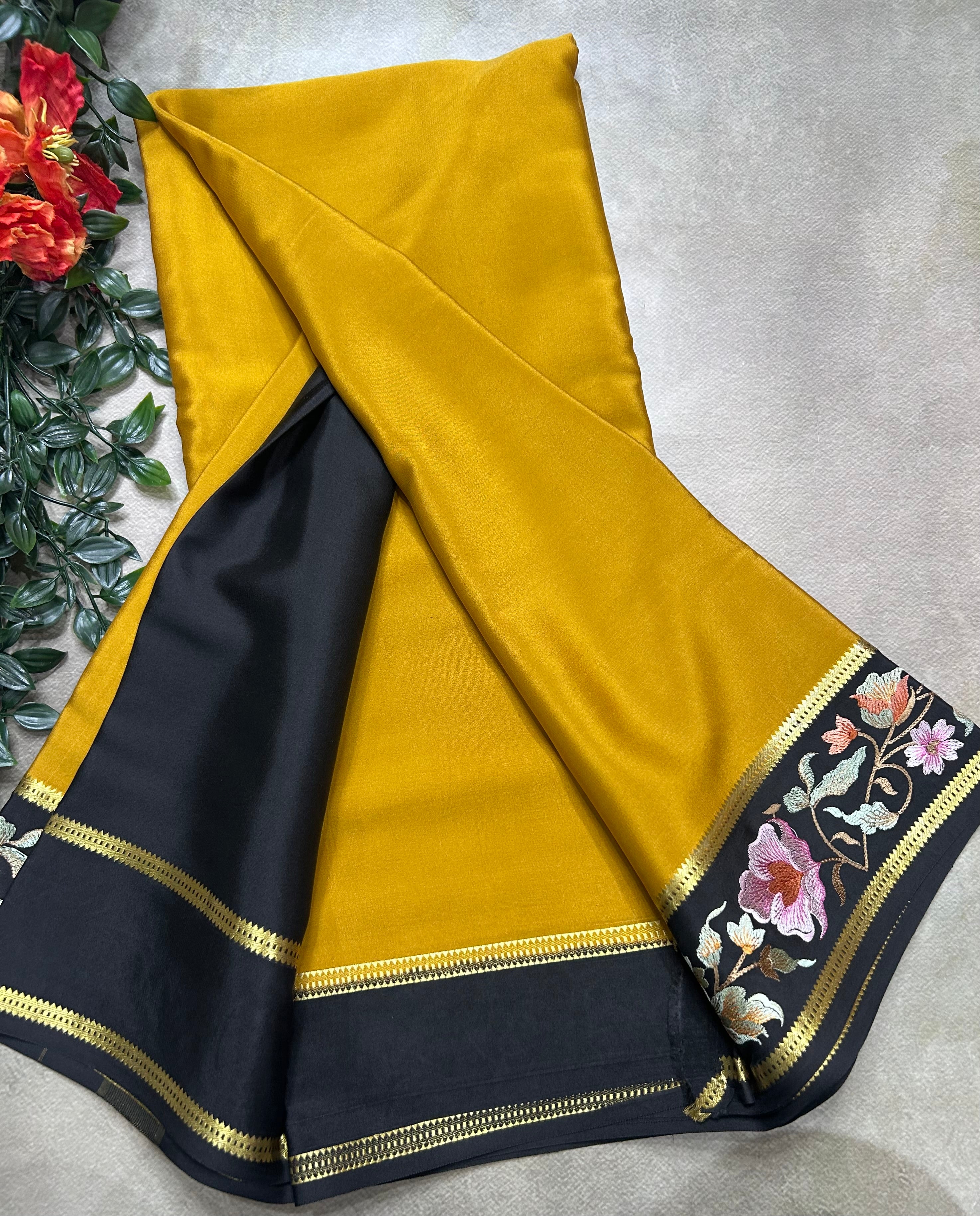 Dark mustard Yellow embroidery border pure mysore silk saree(YMS106)