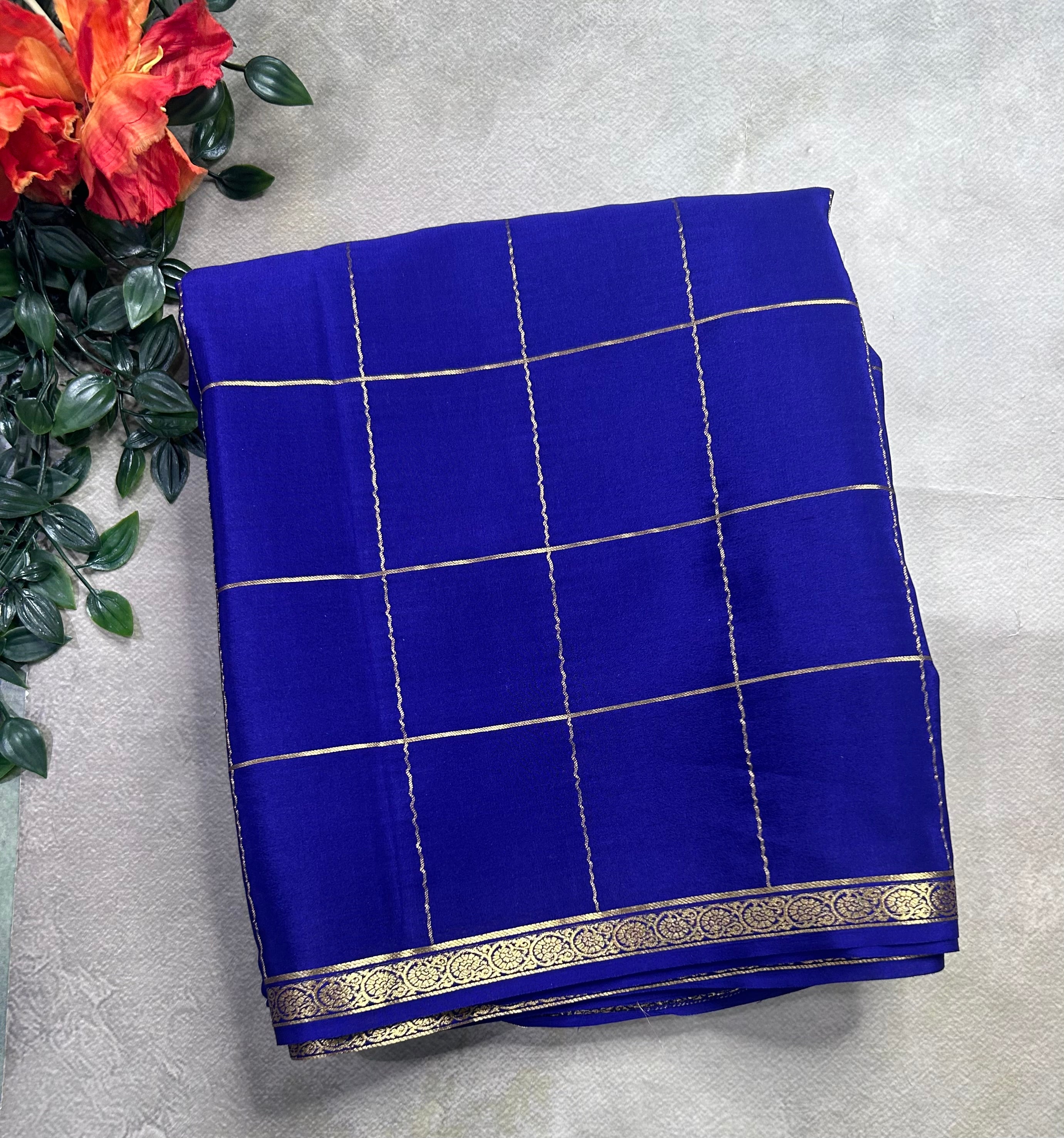 Navy blue big checks pure Mysore silk 106 saree