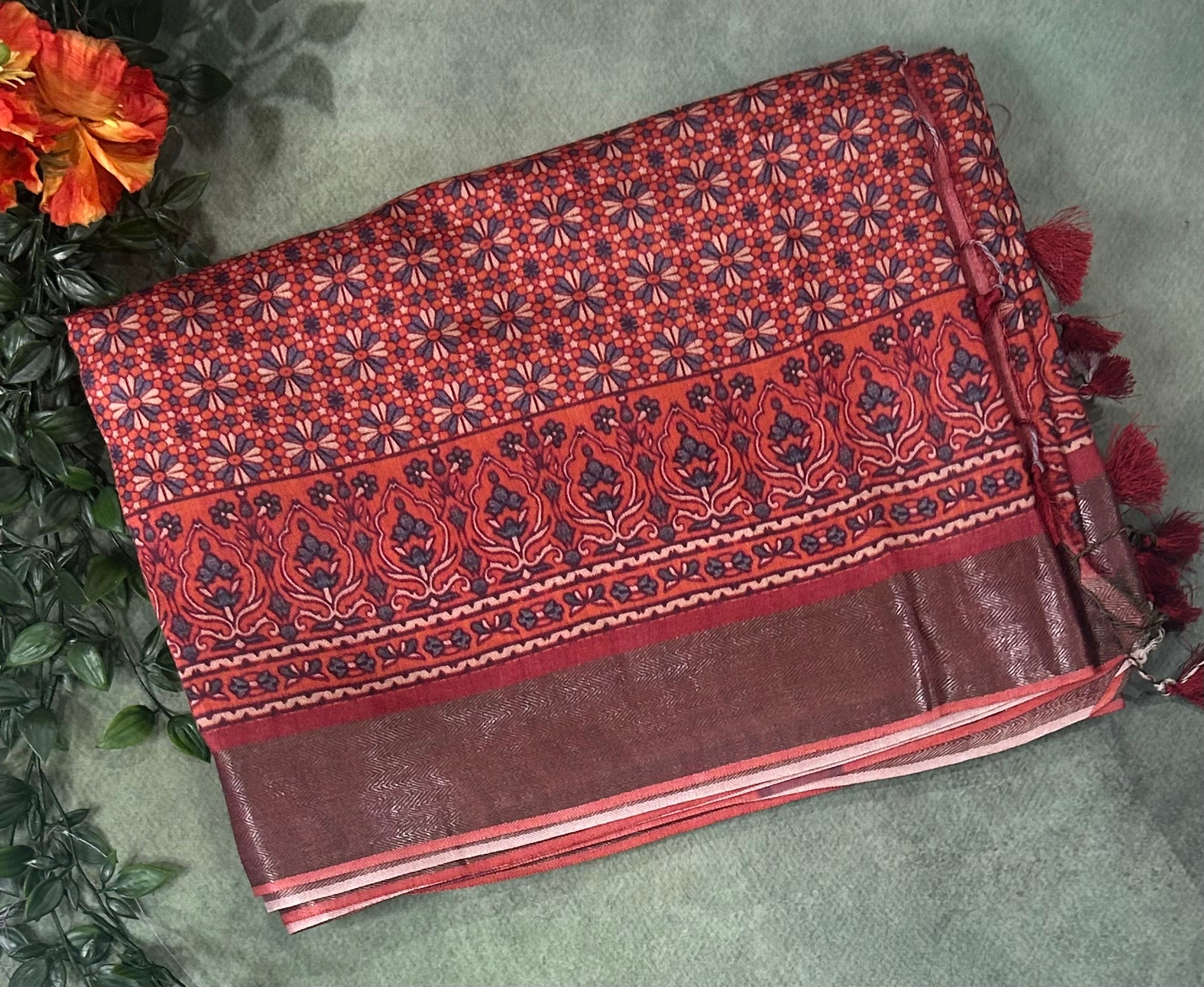 Light reddish pure linen saree