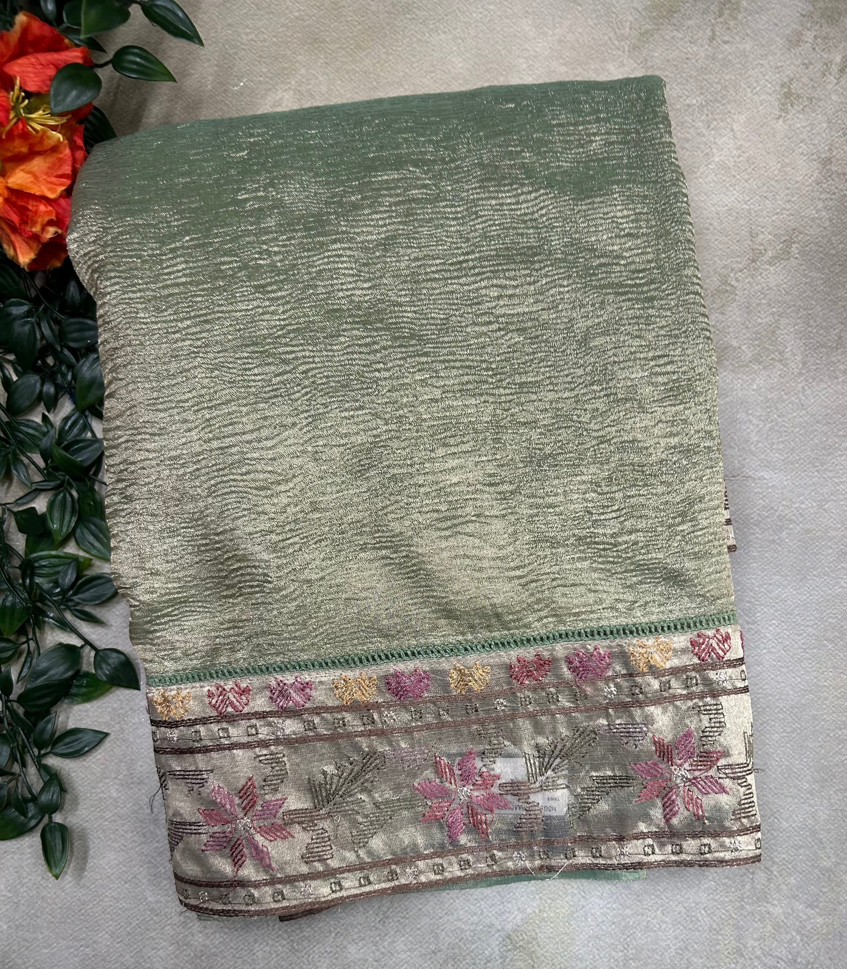 Pastel green crush tissue saree