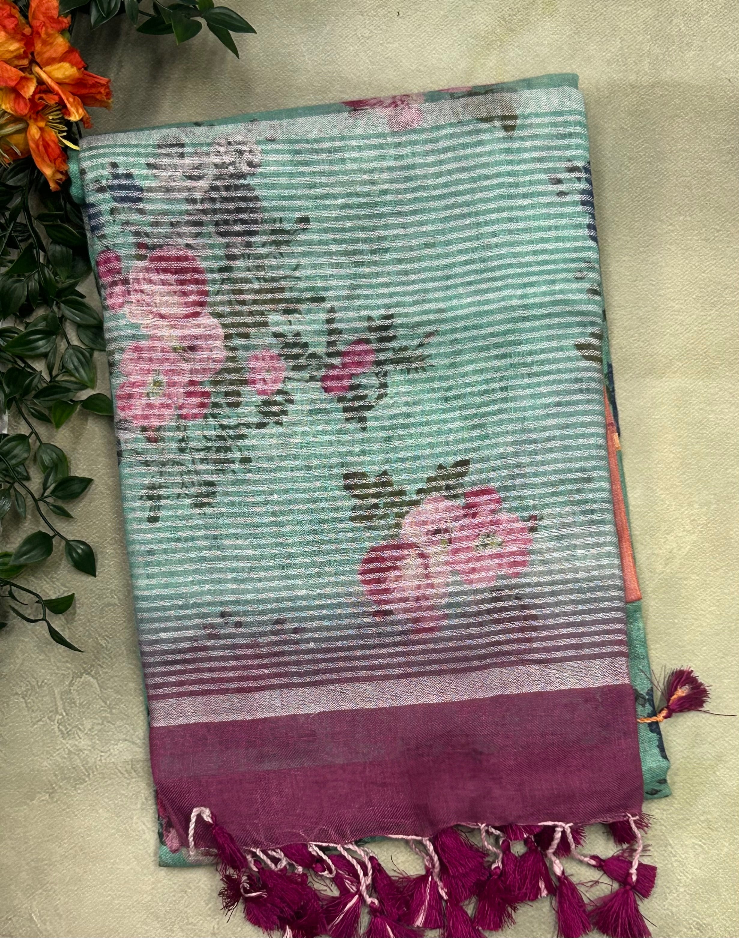 Aqua green digital print linen 103 saree