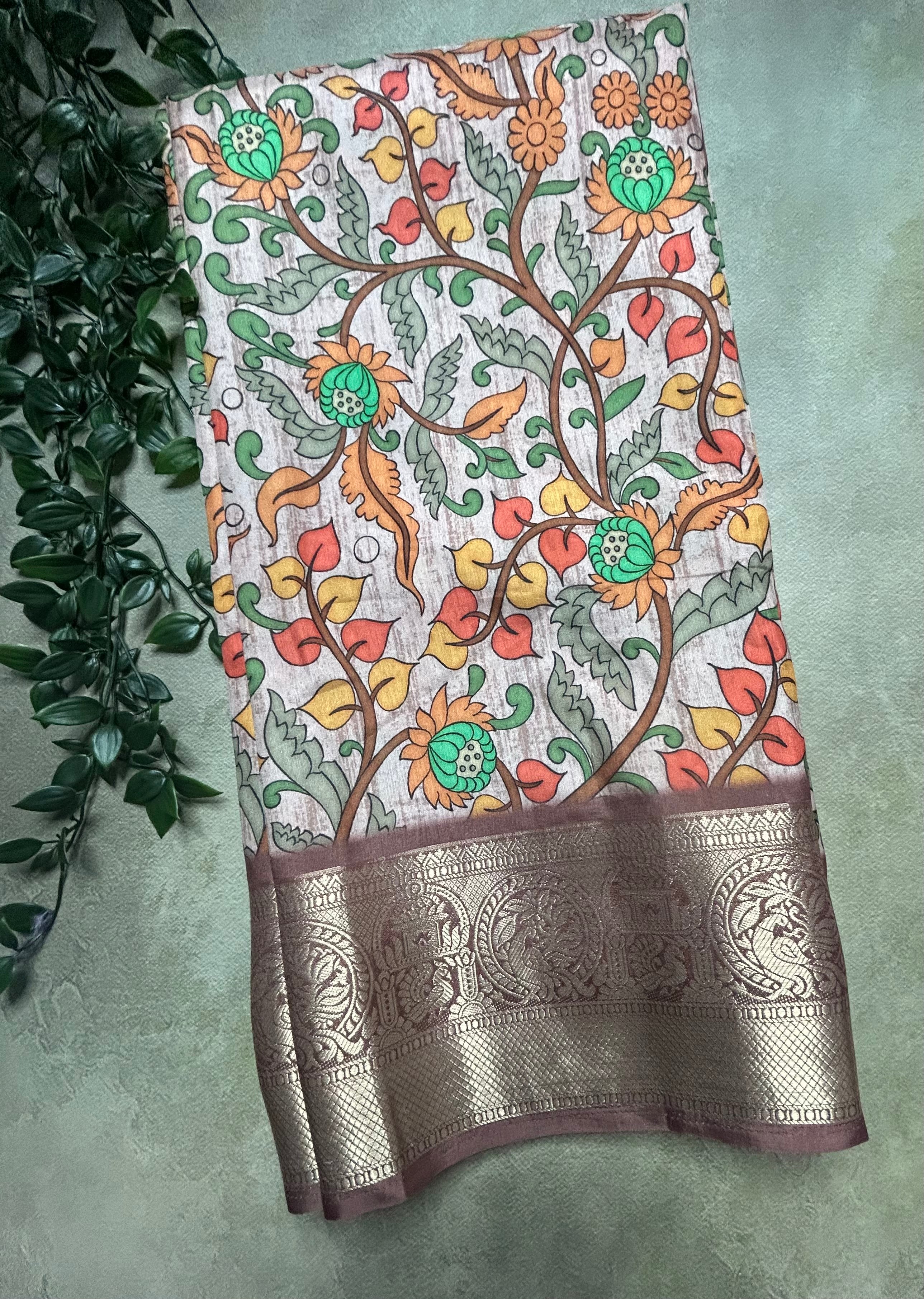 Multicolour small border kalamkari chanderi saree