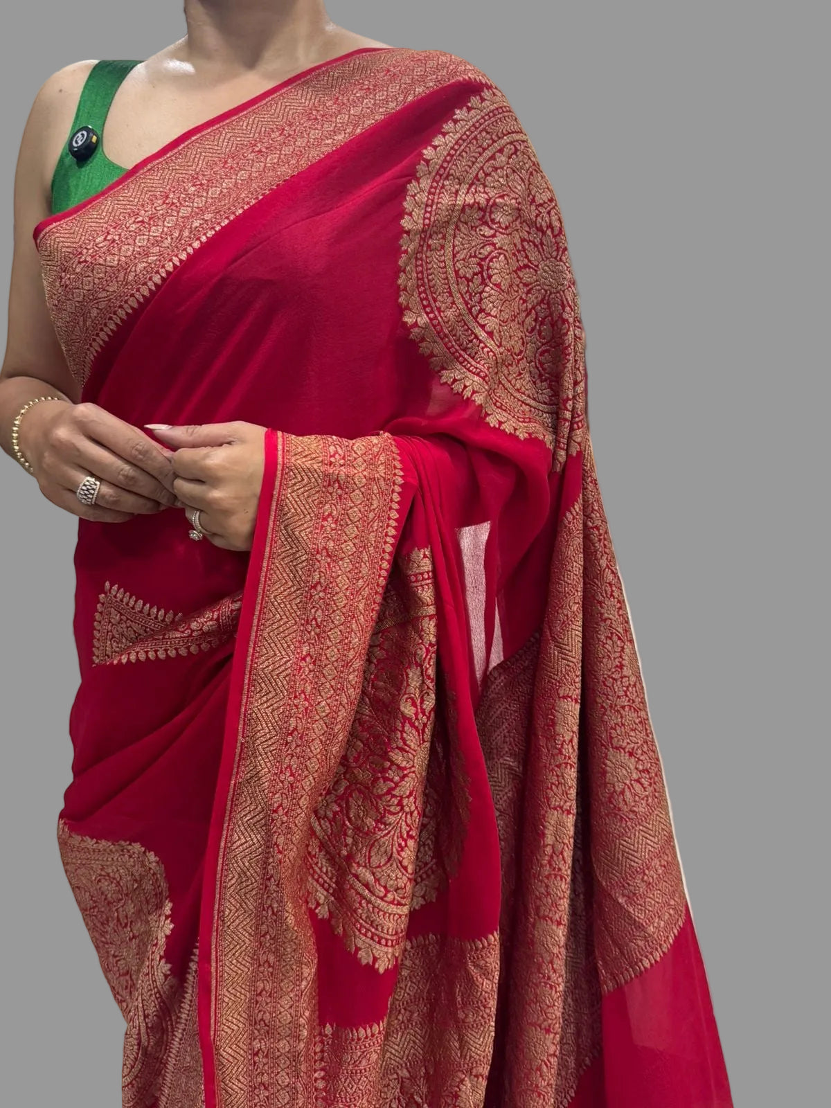 Red big Butta Banarasi pure crepe saree -101