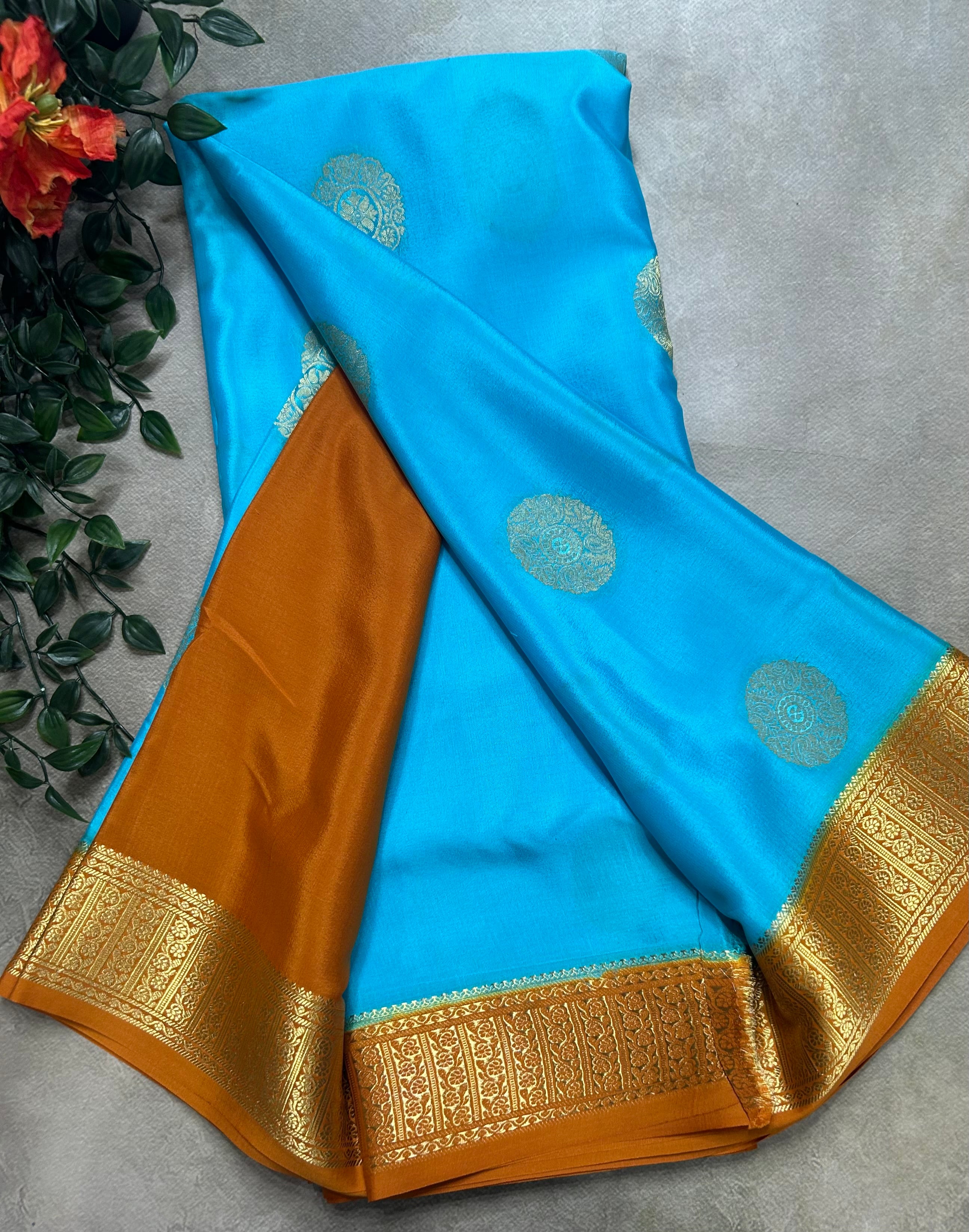 Sky blue n mustard yellow big Butta pure Mysore silk-104 saree