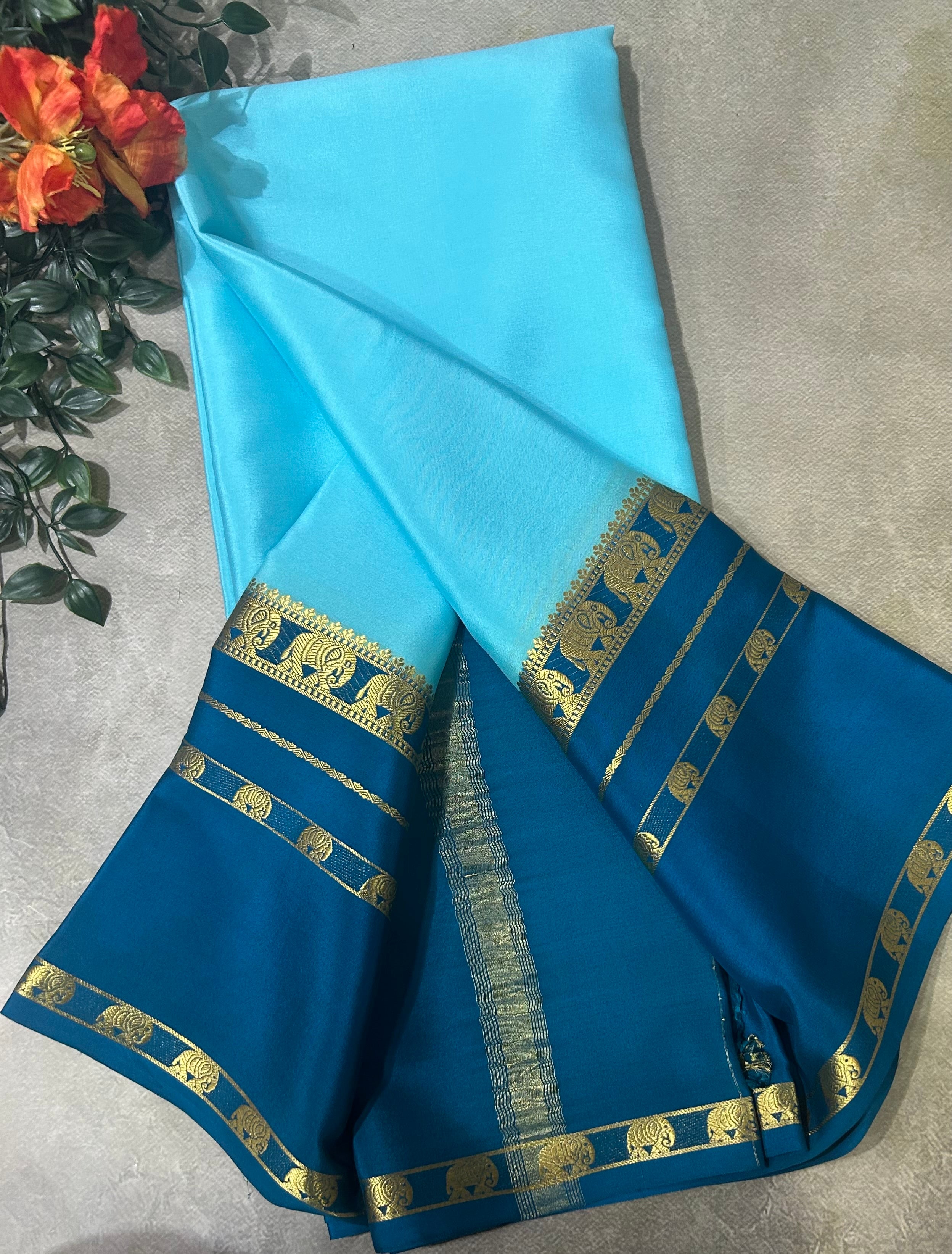 Aqua blue bentex border pure Mysore silk 104 saree