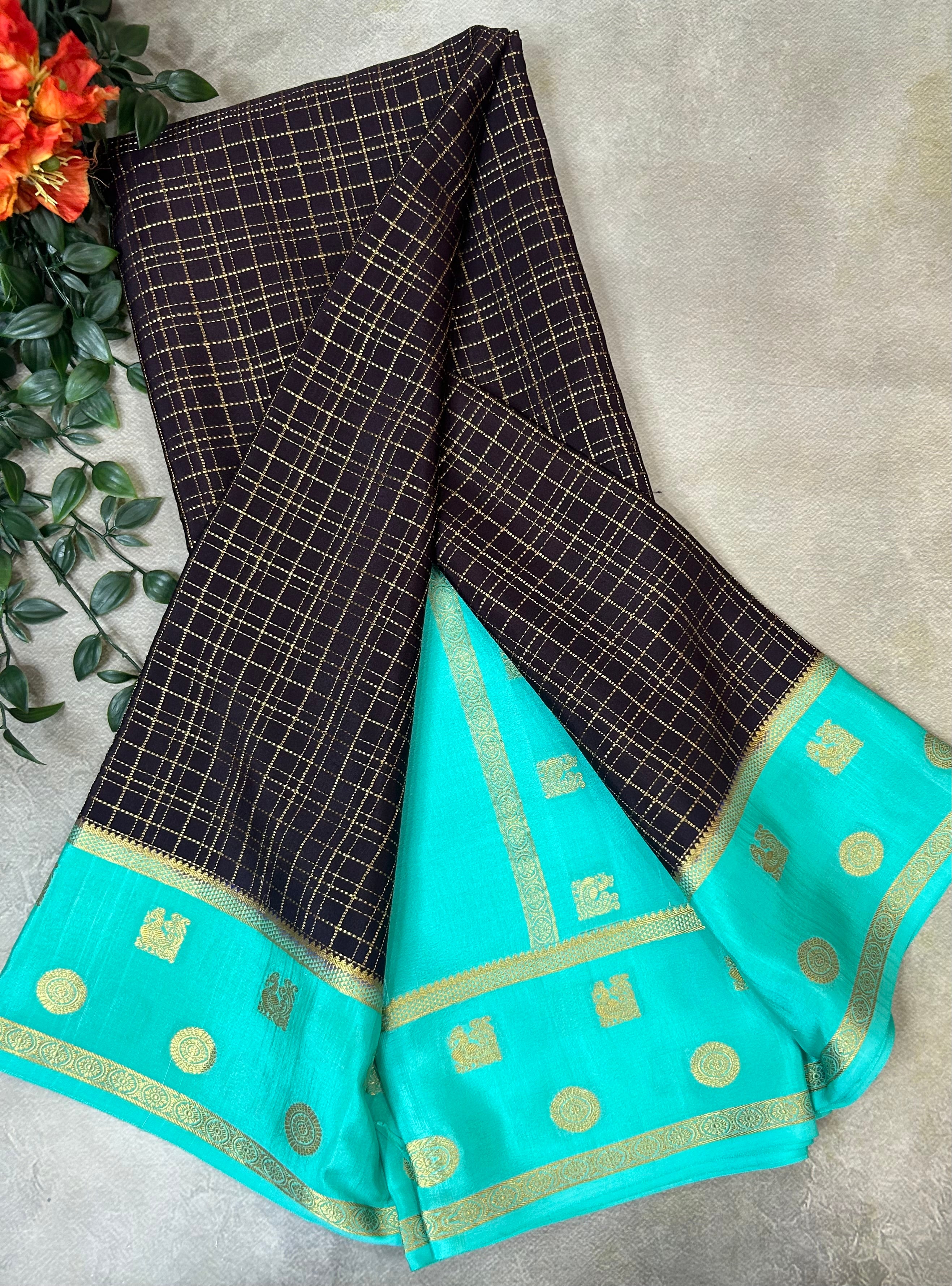 Dark Brown checks n bentex pure Mysore silk 104 saree
