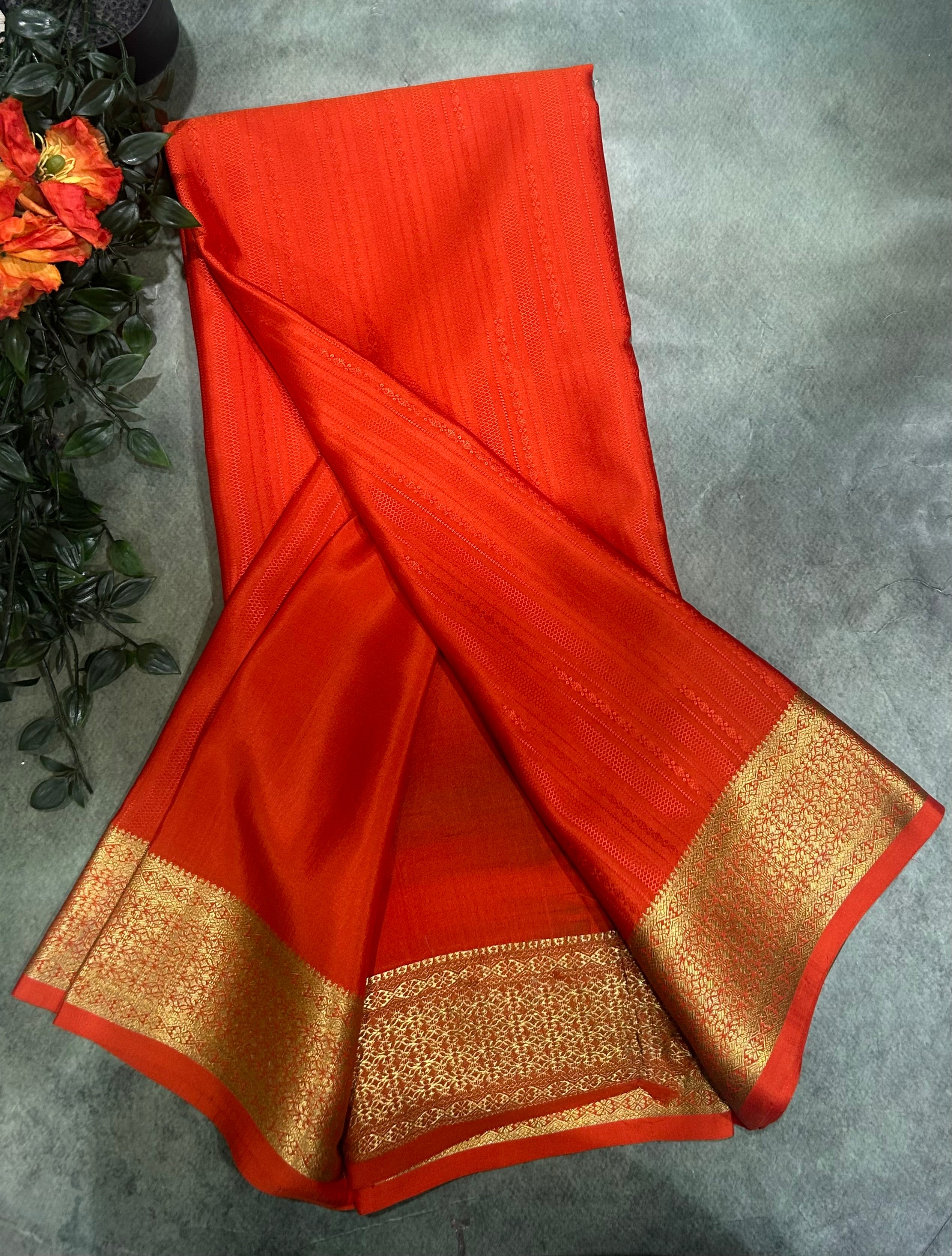 Orange long border embossed pure Mysore silk EMS105 saree