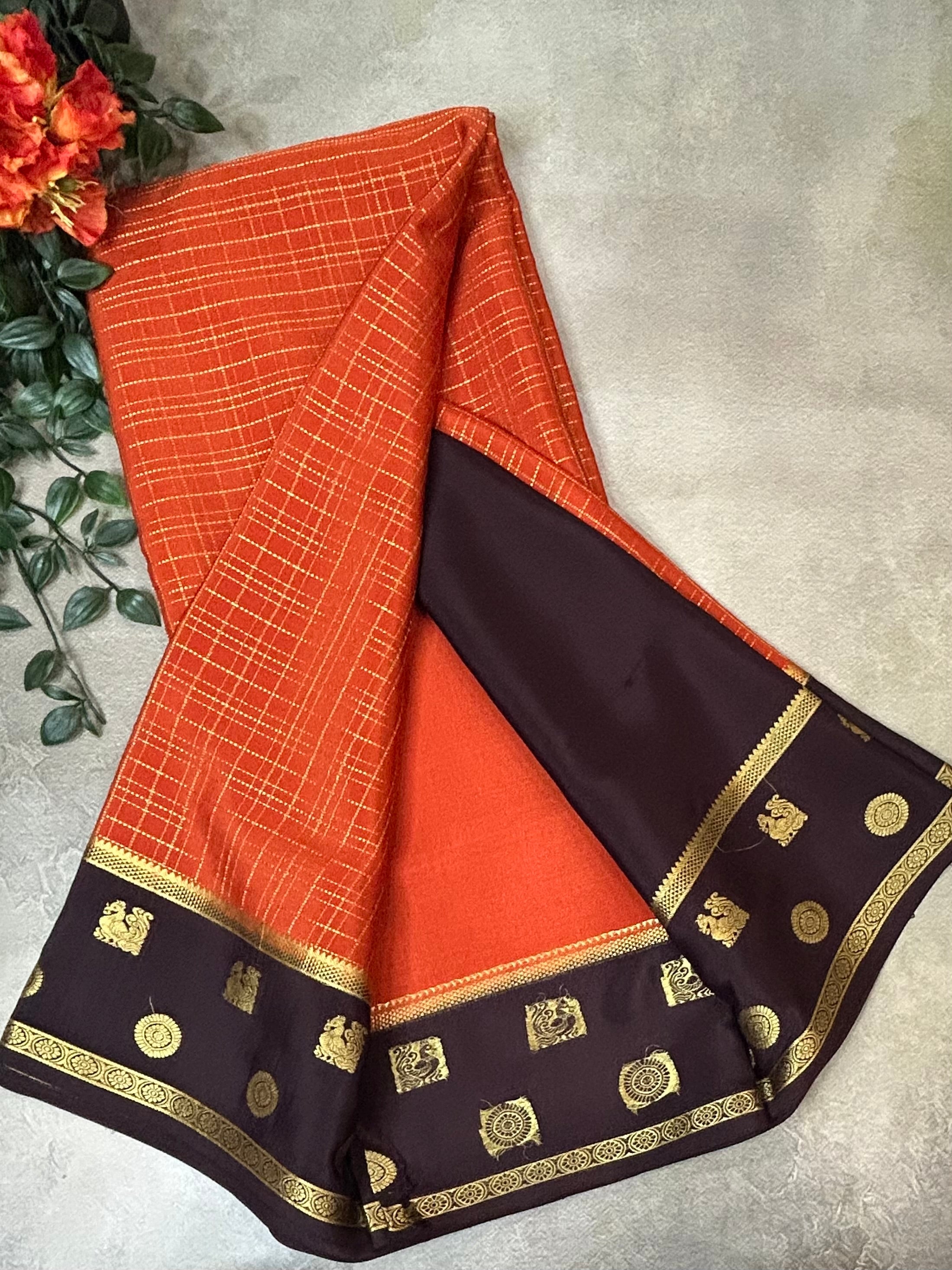 Rust orange checks n bentex pure Mysore silk 104 saree
