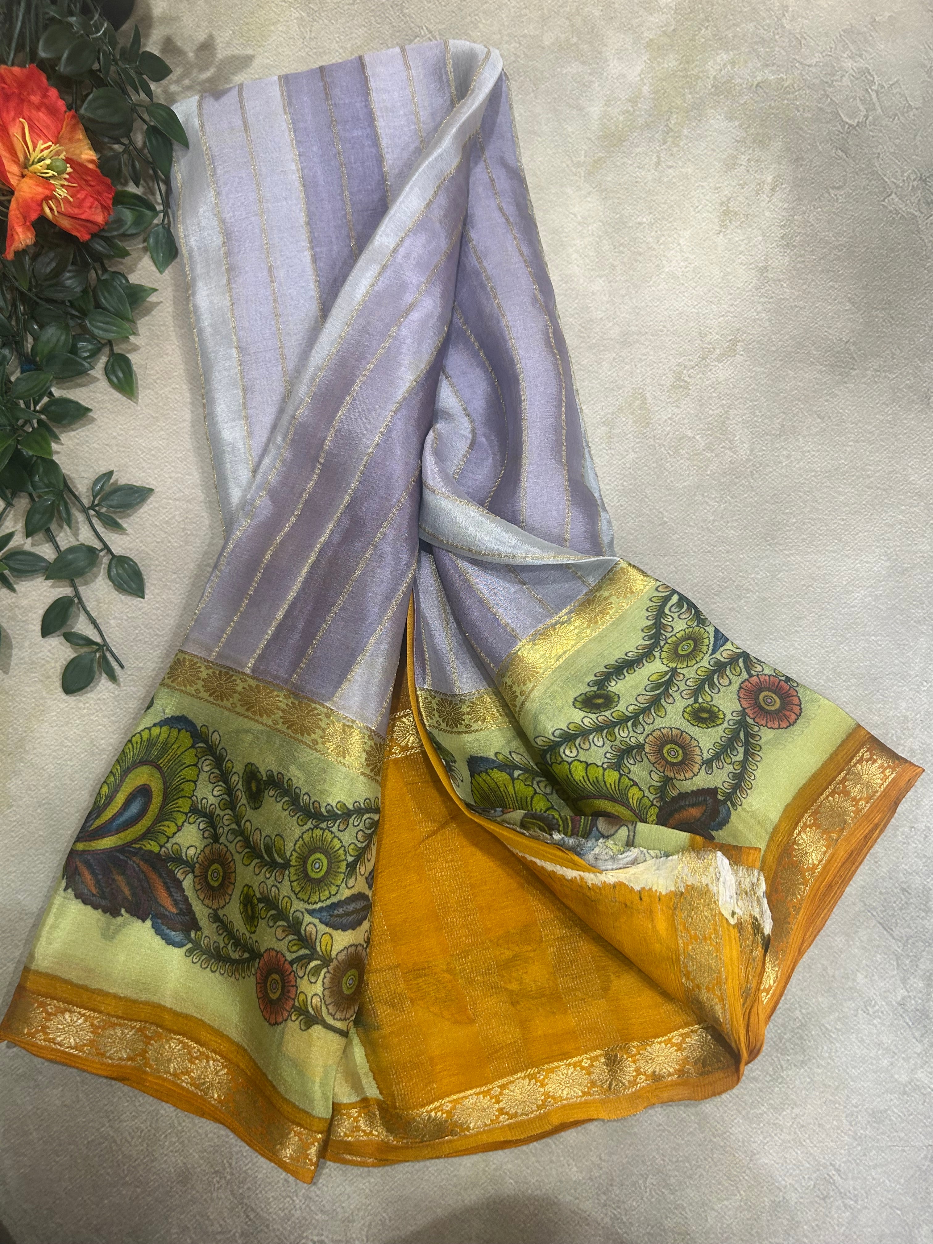 Rankart kalamkari border pure wrinkle 103 crepe silk saree