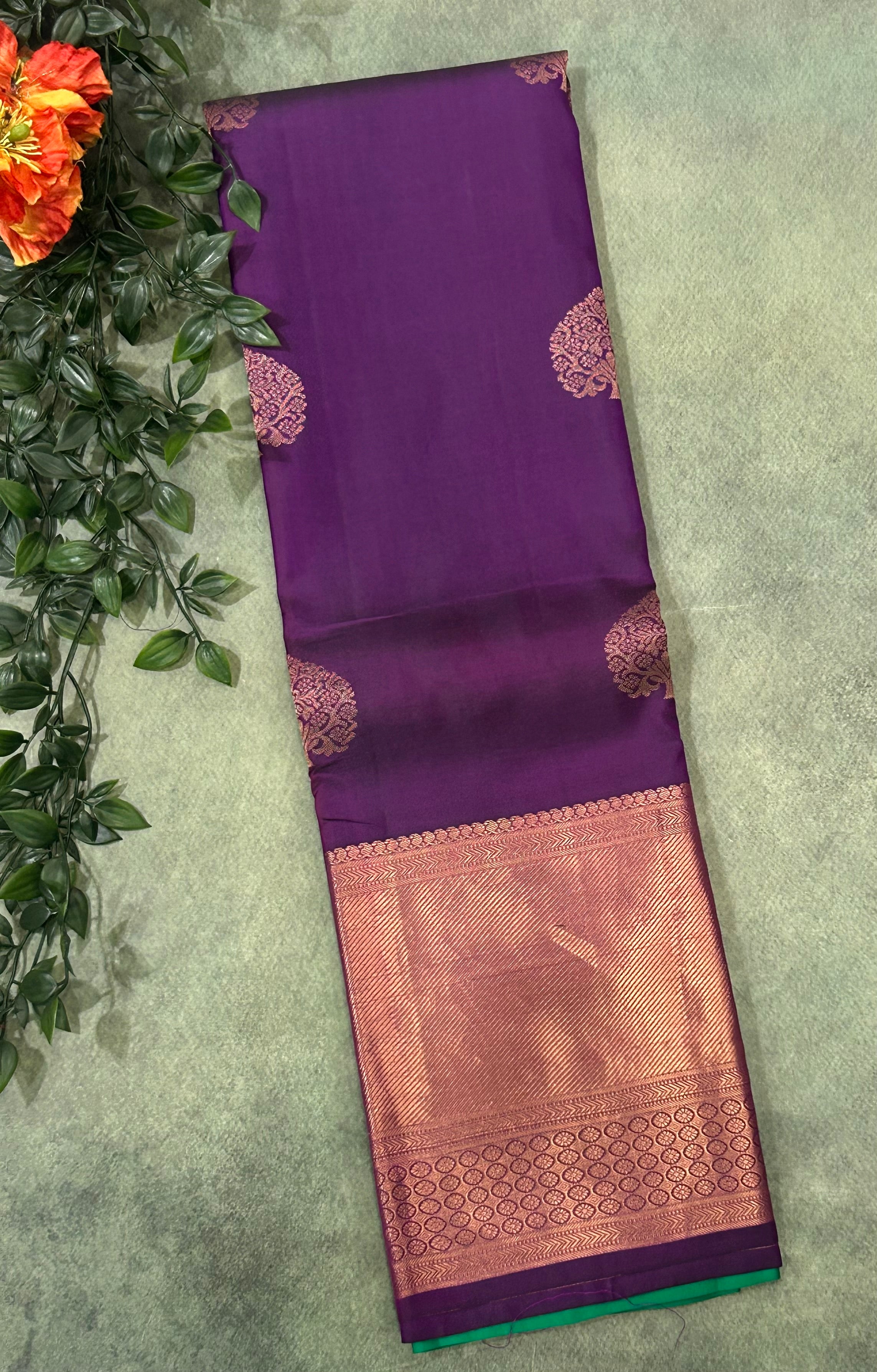 Dark purple long border pure kanchipuram silk saree