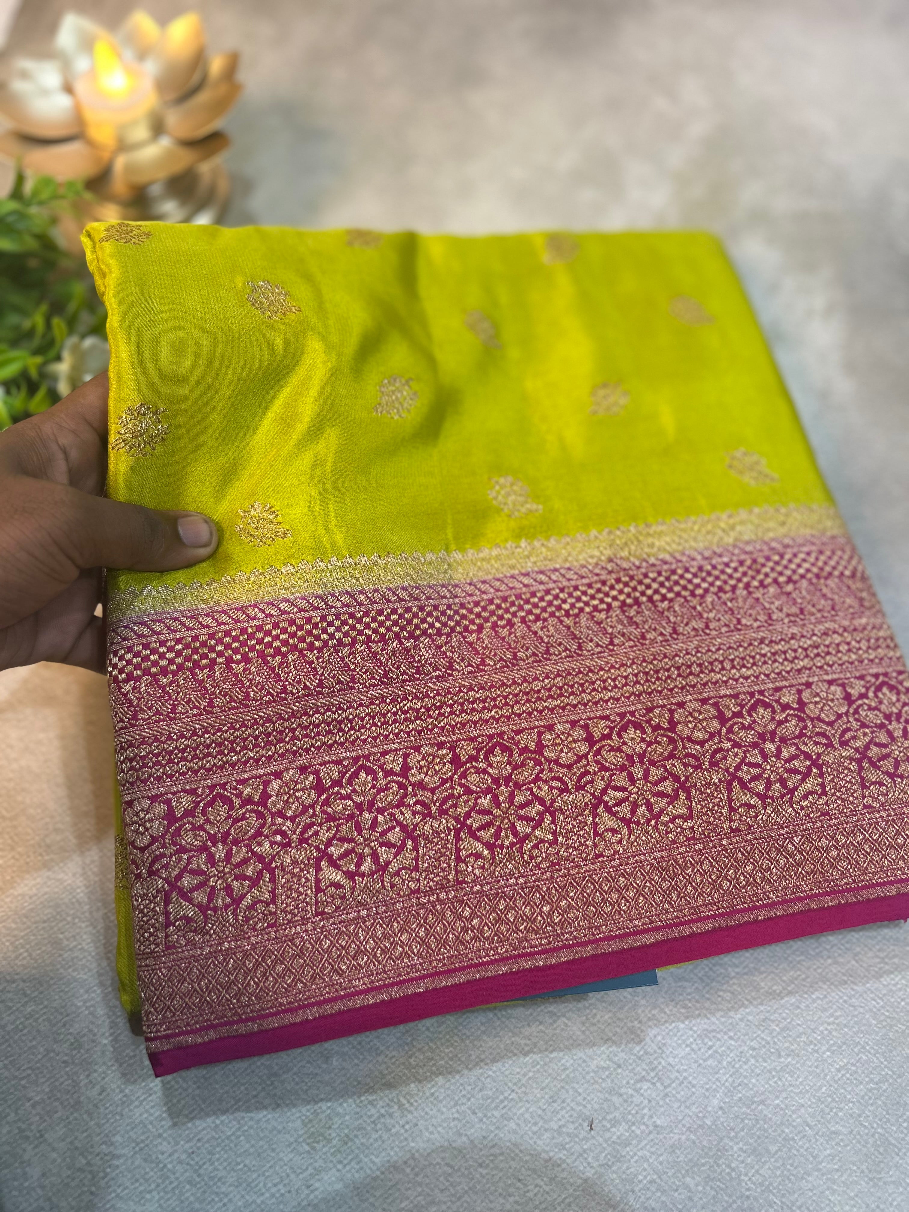 Neon green n pink small Butta pure banarasi crepe-10 silk saree