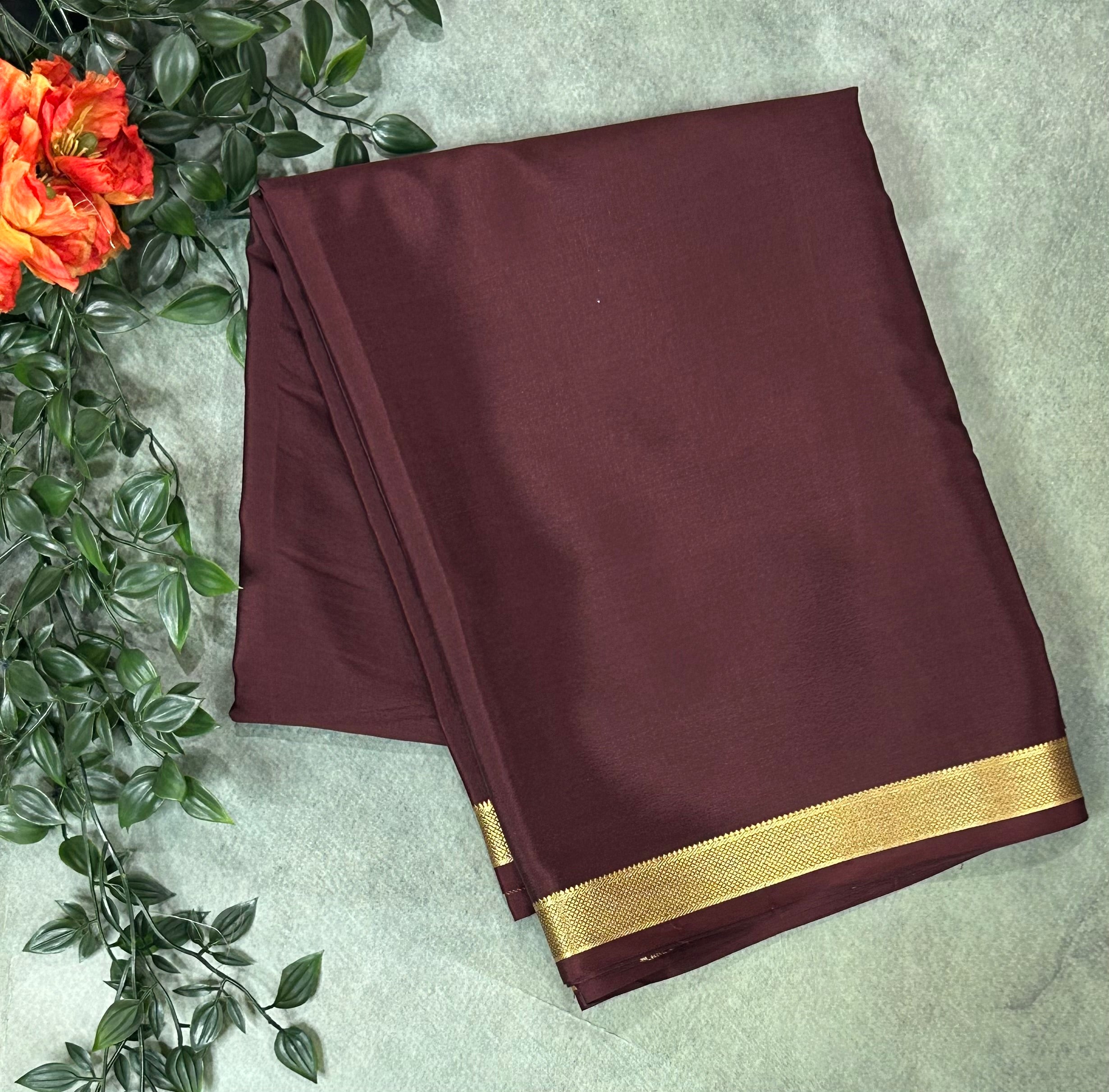 Brown plain one inch pure mysore silk-12 saree